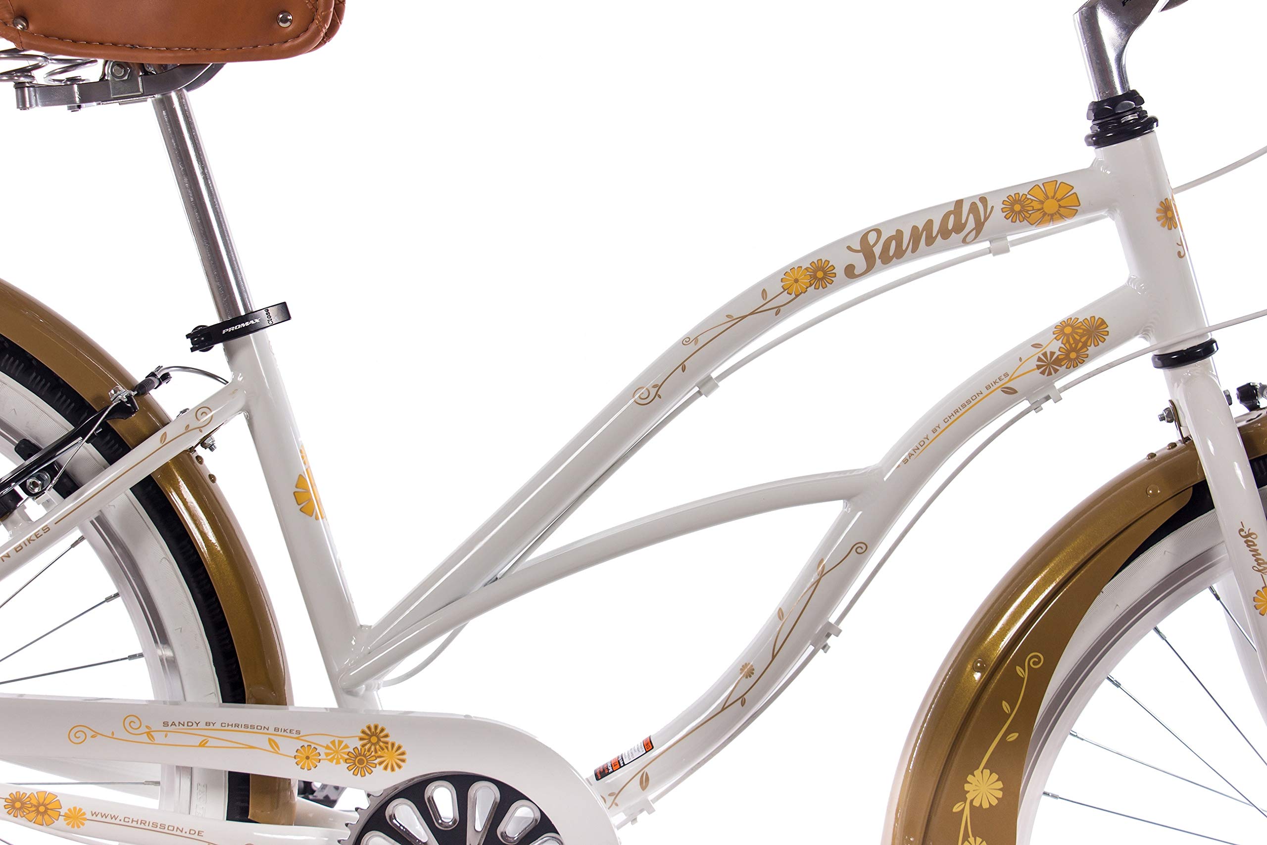 CHRISSON 26 Zoll Beachcruiser Sandy Weiss Gold mit 6 Gang Shimano Tourney Kettenschaltung, Damenfahrrad im Retro Look, Vintage Cruiser Bike