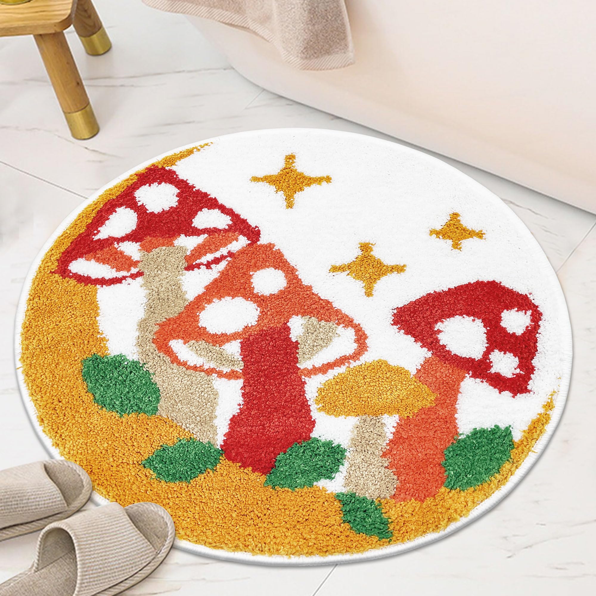 Hexagram Mushroom Rug, Cottagecore Mushroom Decor for Home Gifts, Colorful Round Small Cute Bathroom Rug 22.4×22.4 Inch, Non Slip Washable Soft Fun