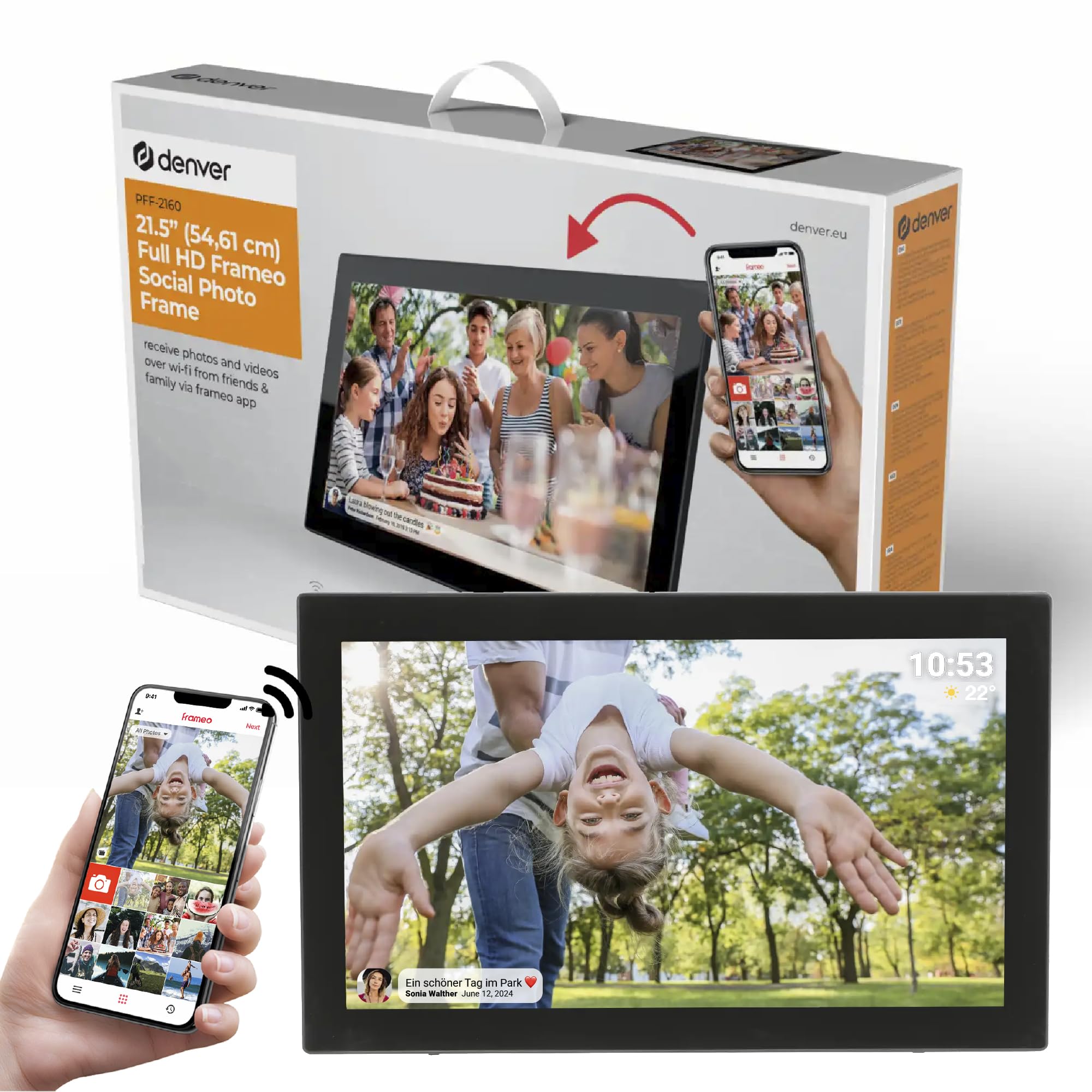 Denver PFF-2160 Digitaler Wi-Fi Bilderrahmen – 21,5 Zoll Full HD IPS Touchscreen, Integrierte FRAMEO Software, Dual-Band Wi-Fi, Timer-Funktion, Wandmontierbar, Schwarz | Full HD IPS Touchscreen, Integrierte FRAMEO Software, Dual-Band Wi-Fi, Timer-Funktion