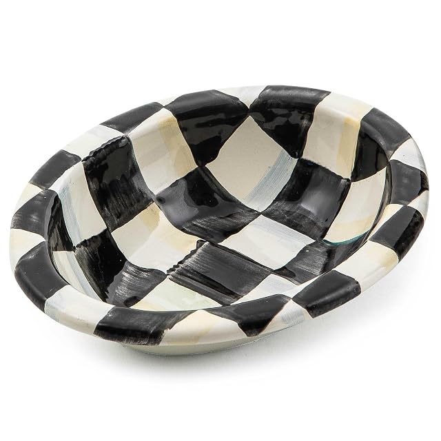 MACKENZIE-CHILDS Enamel Soap Dish Decorative Soap Holder for Bathroom or Kitchen Black-and-White Courtly Check
