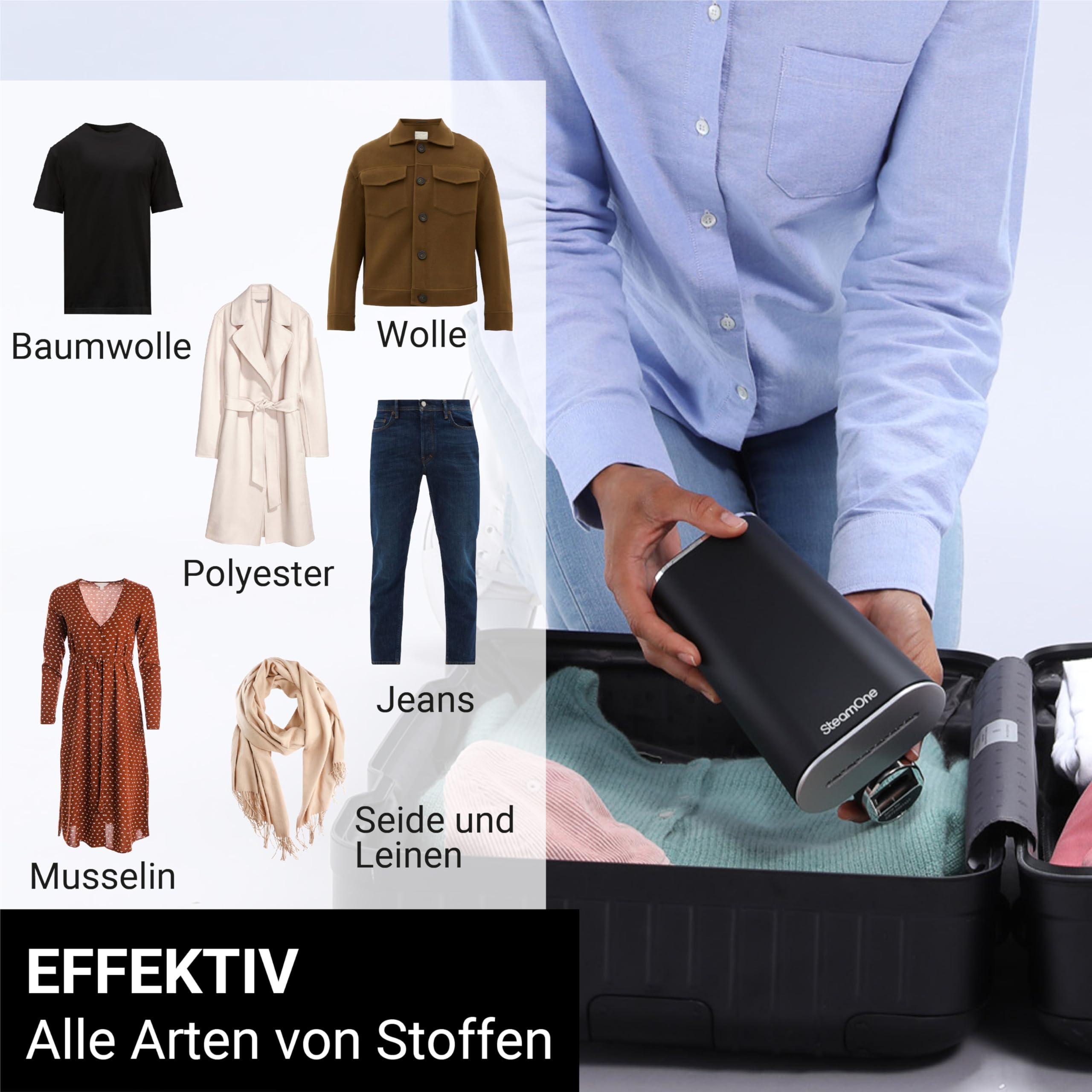 SteamOne James Faltbarer Steamer Bügeleisen Schwarz 2000W - 35g/min | Faltbarer Steamer James, 2000W, Tanks 80ml und 150ml, Vertikal und Horizontal, Einsatzbereit in 15s, EUFD80BV2