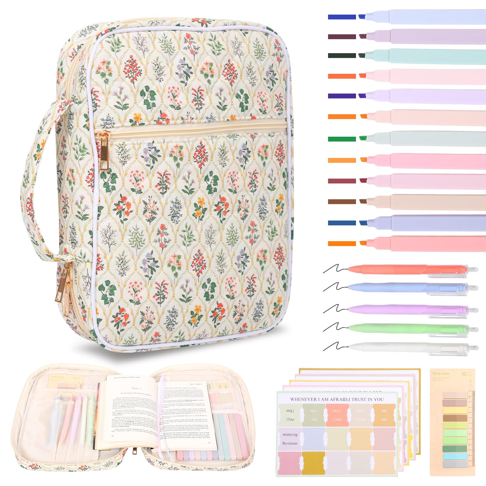 Bpyhebe Bible Study Bags for Women, Bible Cover Case with Colored Pens, Bookmarks, and Sticky Notes, Soft Pure Cotton Multifunctional Floral Bibles Carrier for Friends Women Study(Beige)