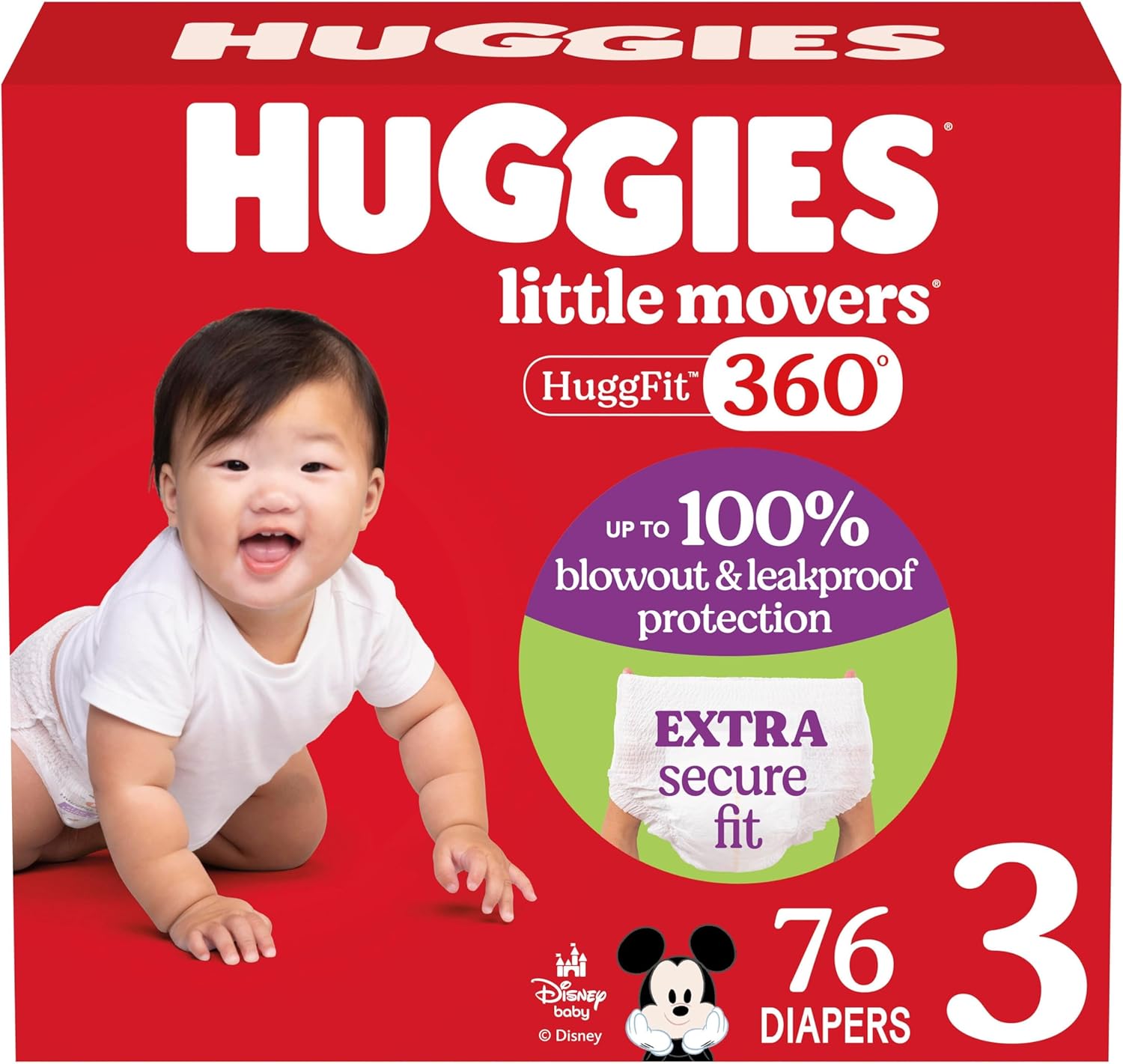 (Size:3)Huggies Size 3 Baby Diapers, Little Movers HuggFit 360° Baby Diapers with 360° Waistband, Size 3 (16-28 lbs), 76 Count, Packaging May Vary Size 3 76