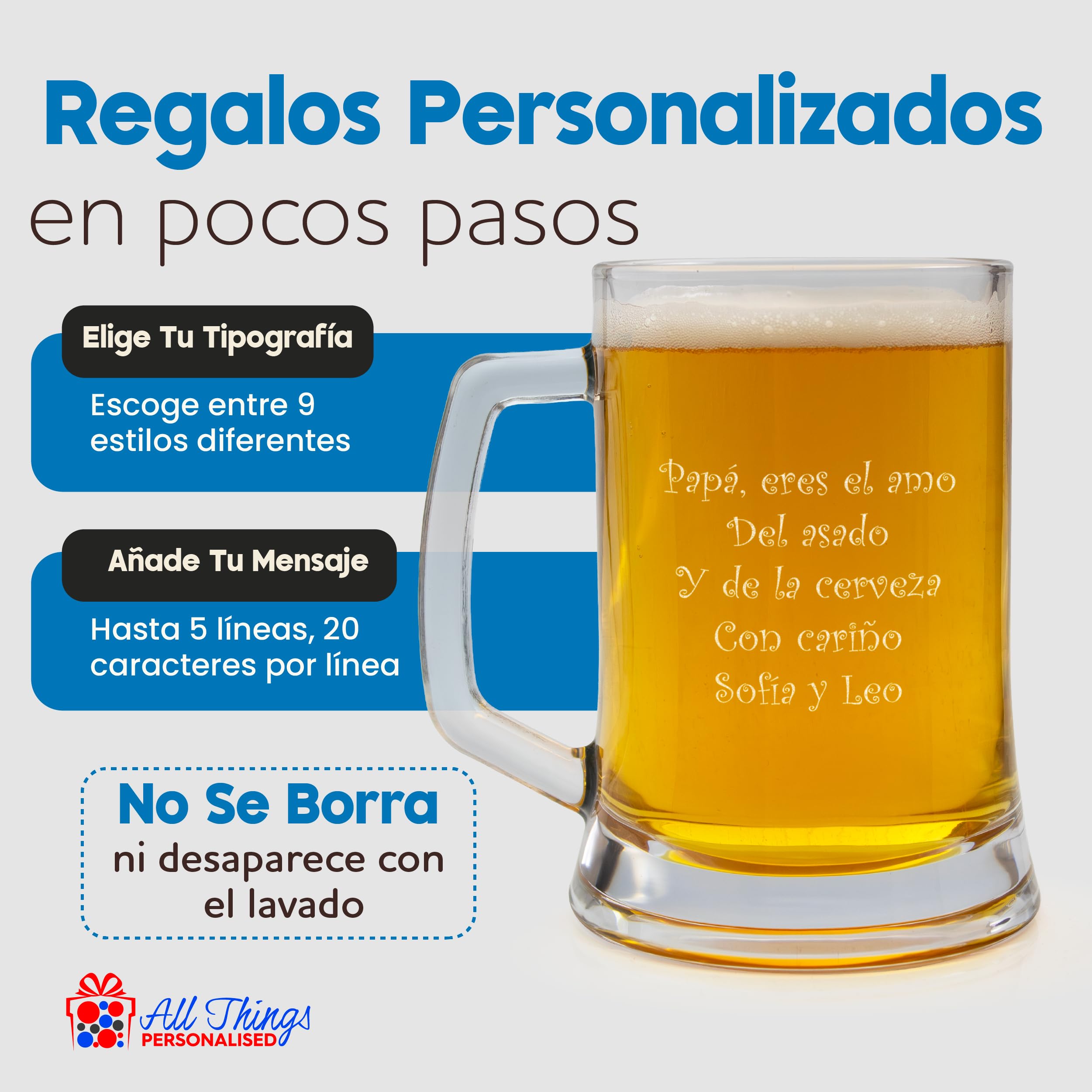 All Things Personalised Jarra de Cerveza Personalizada con Grabado, 500 ml - Regalo Original para Hombre, Padre o Abuelo - Mensaje o Nombre Personalizado - Grabado con Láser, con Caja de Regalo