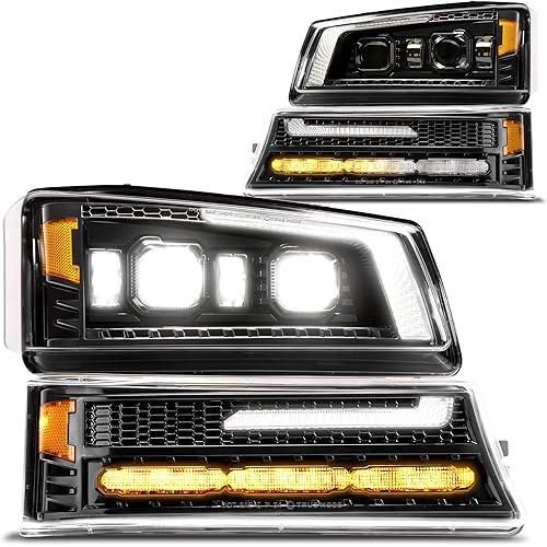 LED Headlight Assembly Bumper Lamp Replacement For 2003-2006 Chevy Chevrolet Silverado Avalanche 1500 2500 3500 HD [DOT] DRL & Amber Sequential Turn Signal Projector Black Housing Headlamp