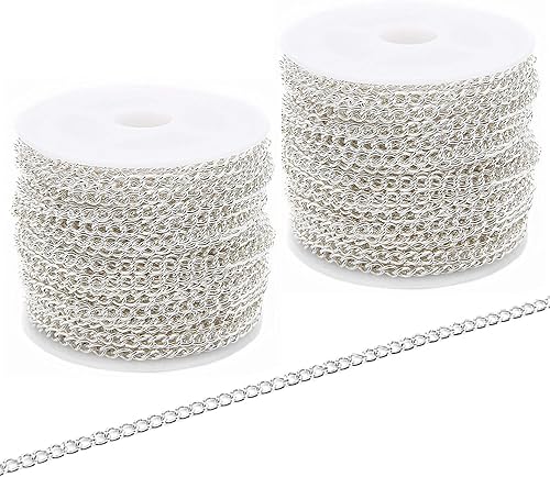 SWTOOL Cadenas de eslabones de plata de metal de 60 pies20 yardas, cadena de eslabones de hierro a granel para hacer joyas de bricolaje, 2 rollos x