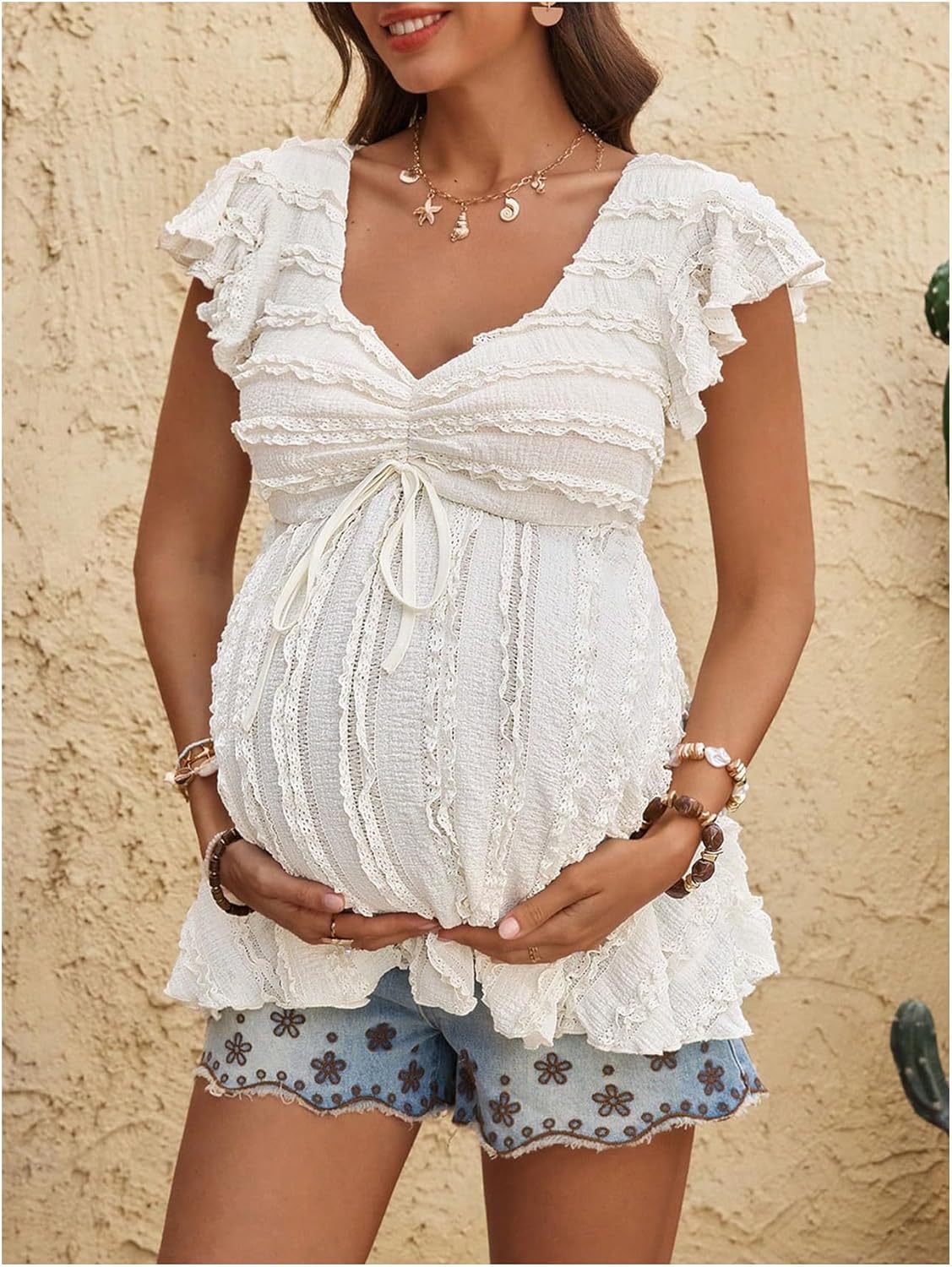 MakeMeChic Women's Maternity Shirts Summer Sweetheart Neckline Flutter Sleeve Ruffle Pregnancy Peplum Tops