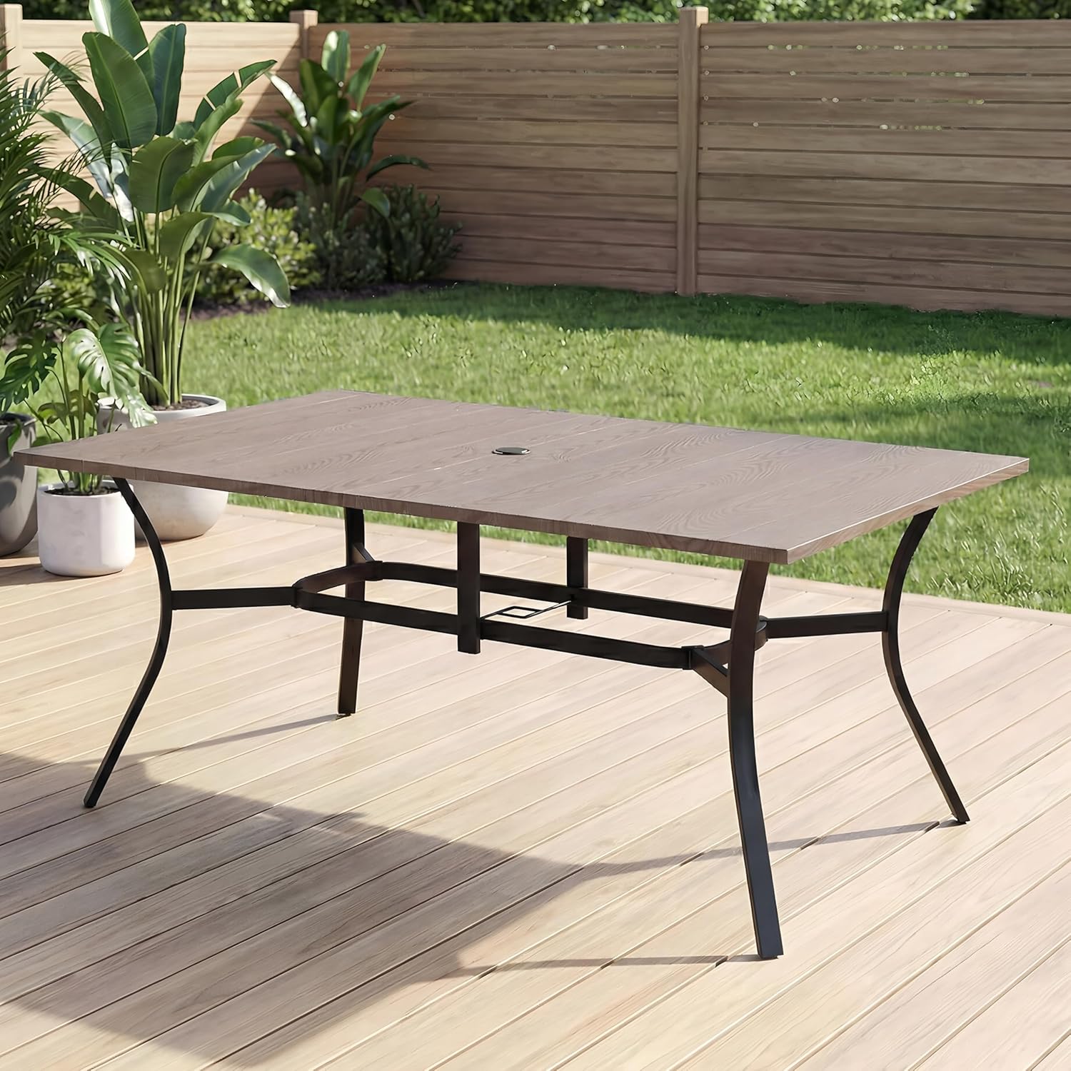 63”x37.8” Metal Outdoor Dining Table for 6,Rectangular Patio Dining Table with Adjustable Umbrella Hole,All-Weather Brown Outdoor Patio Table for Porch, Garden, Backyard, Poolside, Lawn