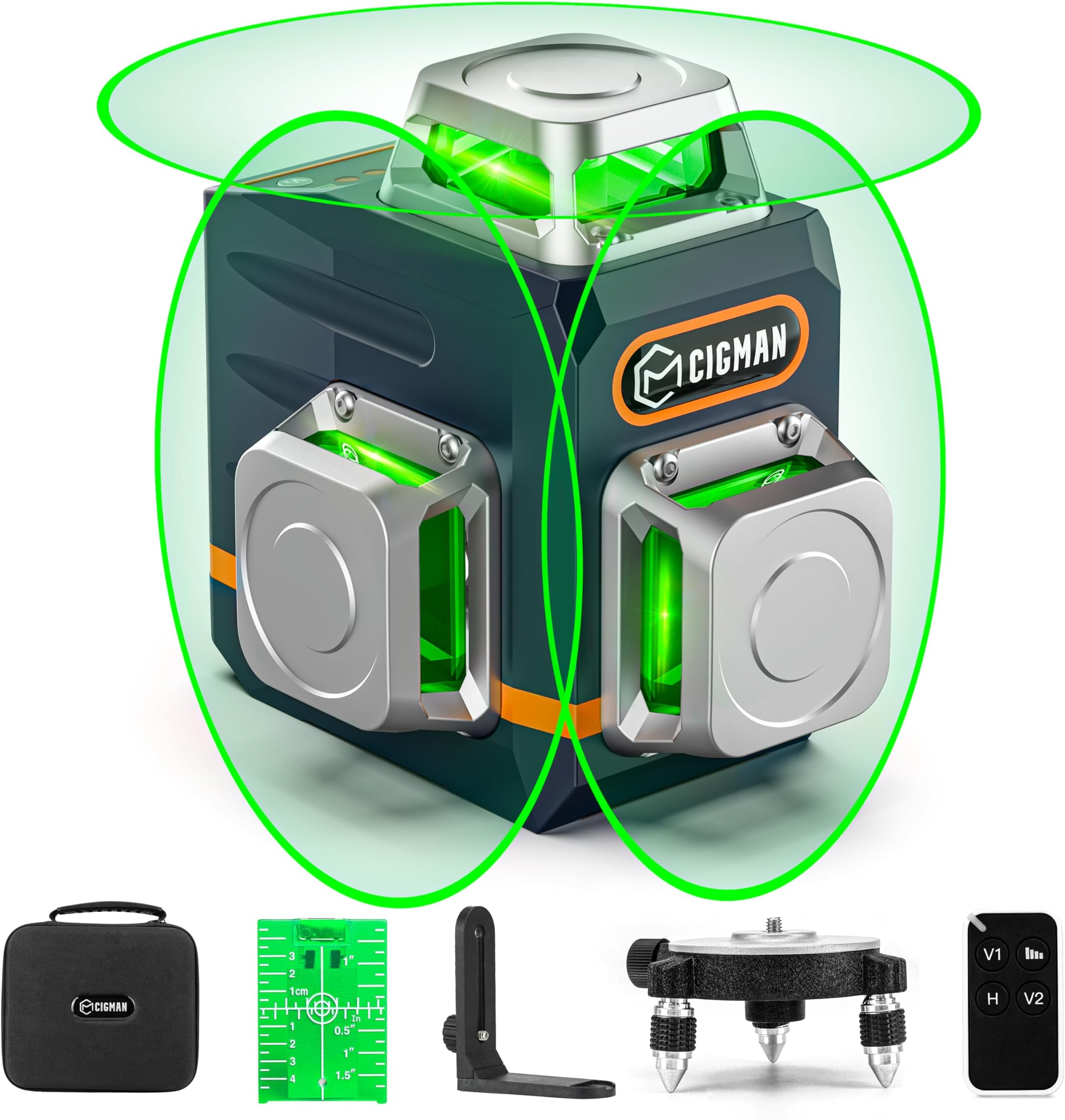 CIGMAN Green Laser Level Self Leveling, Switchable 3x360° Laser Level, 3D Laser Line 30M (Up to 50M with Detector), Rechargeable Battery Built in, Rotary Stand, Remote Controller, Magnetic Base