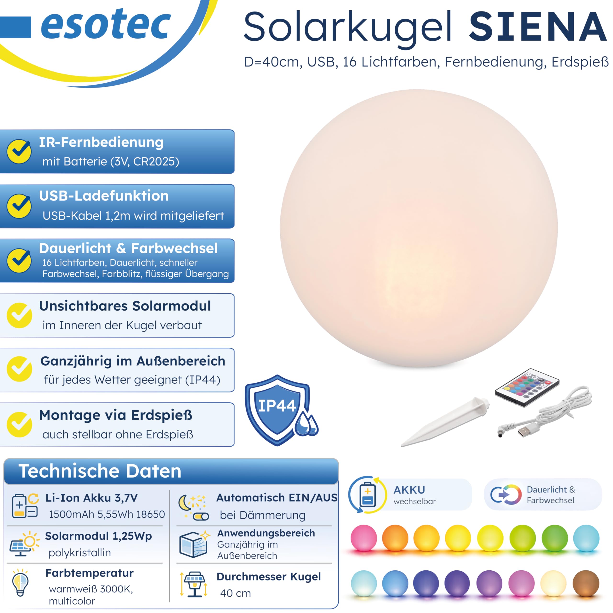 Esotec Solarkugel für den Garten Siena 40, multicolor, 40cm, Fernbedienung, USB, 16 Leuchtfarben, Akku, Solarmodul, Erdspieß, Solarleuchte, Kugelleuchte, außen, winterfest, wetterfest, 102892