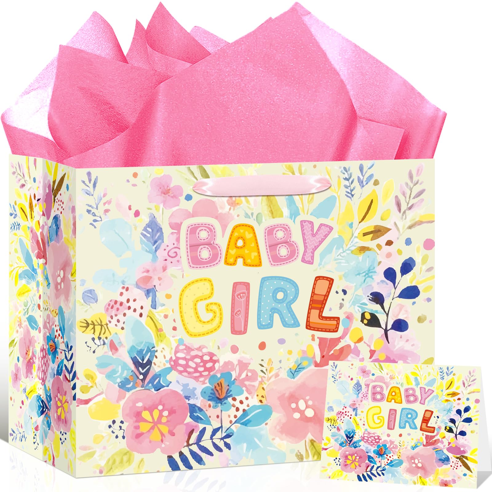 Pink Baby Girl Gift Bag Floral Birthday Wrapping Paper Bag with Greeting Card and 3 Pcs Tissue Paper