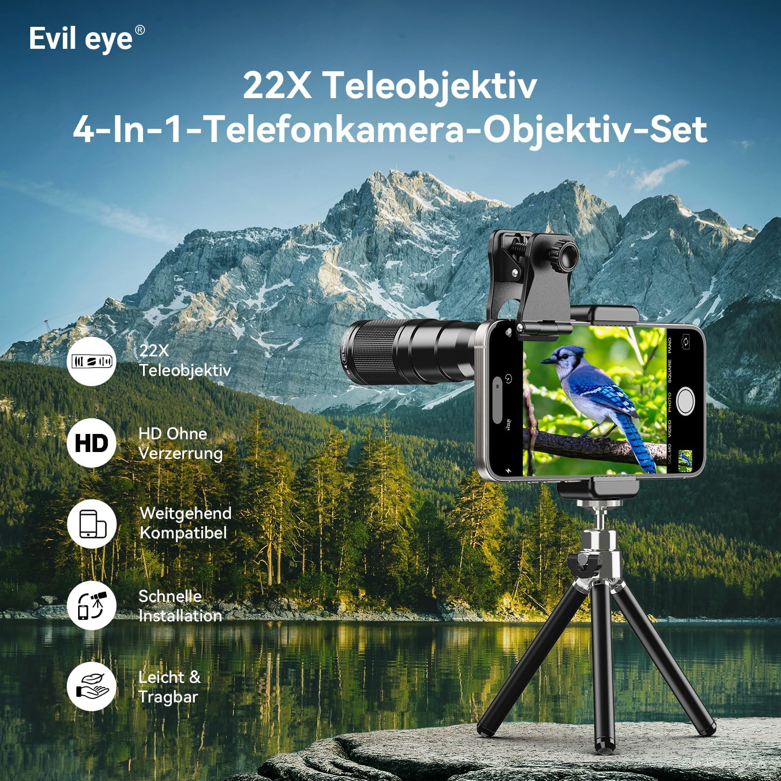 Evil Eye-Téléobjectif 22x/ Objectif fisheye 205°/ Objectif Grand Angle 120°/ Objectif Macro 20x/ Trépied et obturateur à Distance pour iPhone Samsung, Huawei et la Plupart