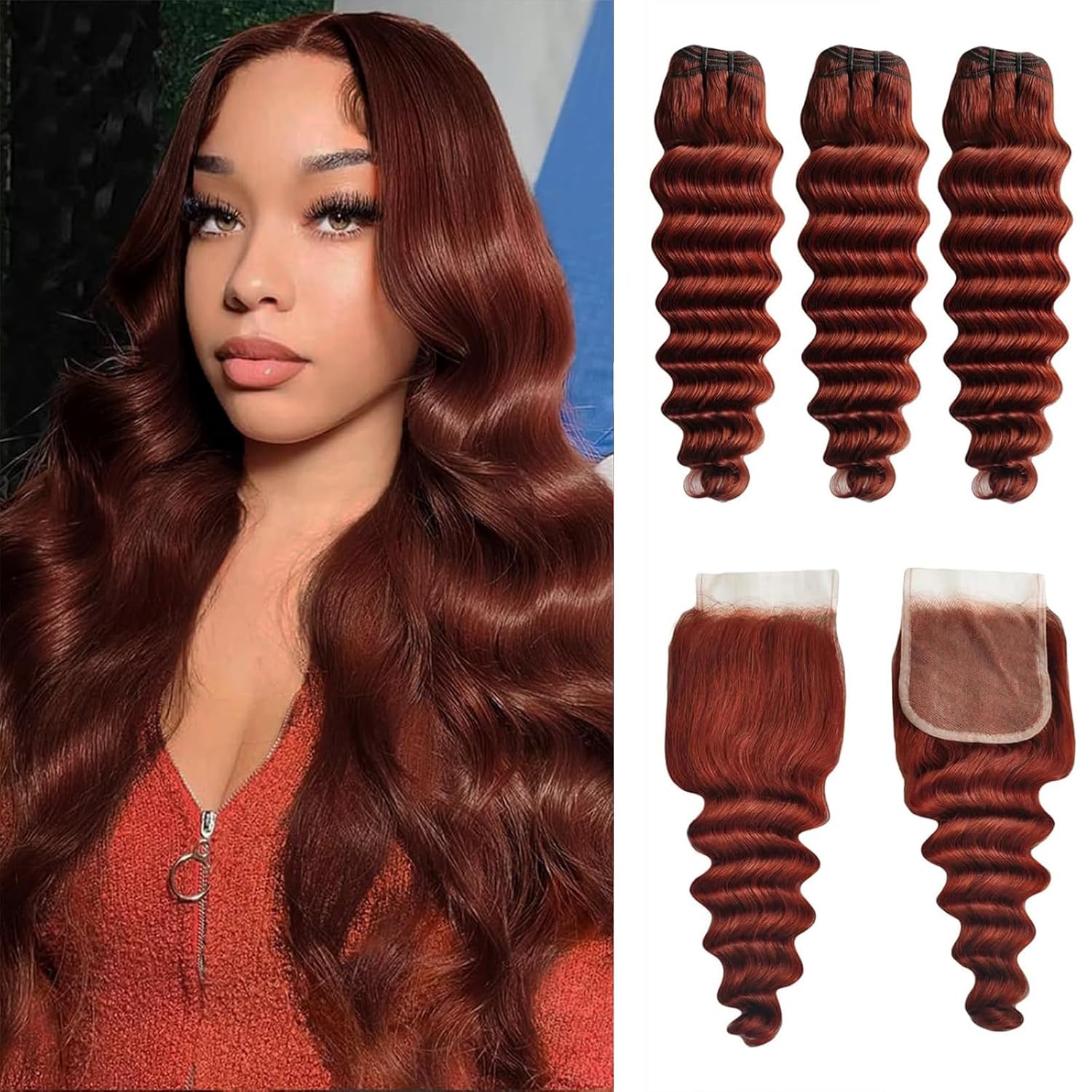 Reddish Brown Bundles with Closure Human Hair Loose Deep Wave Bundles Color 33 Reddish Brown Bundles with 4x4 Closure Copper Red Human Hair Extensions (Loose Deep Wave 18 20 22+18free)