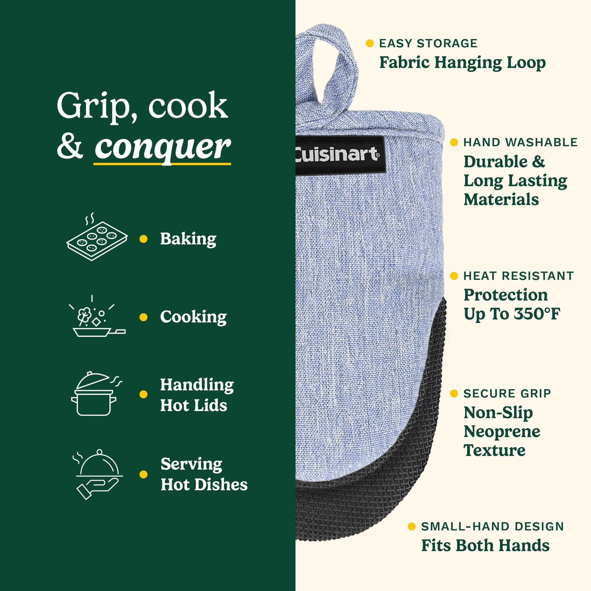 Cuisinart Lot de Mini Gants de Cuisine résistants à la Chaleur avec Paume en néoprène antidérapant, Rembourrage en Coton et Boucle en Tissu – 14 x 17,8 cm (Chambray)