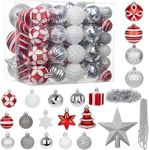 Miniatura 27 de Juego de 75 adornos navideños rojos y verdes - Kit de bolas inastillables para decoración de árbol de Navidad con estrella para coronar el árbol,