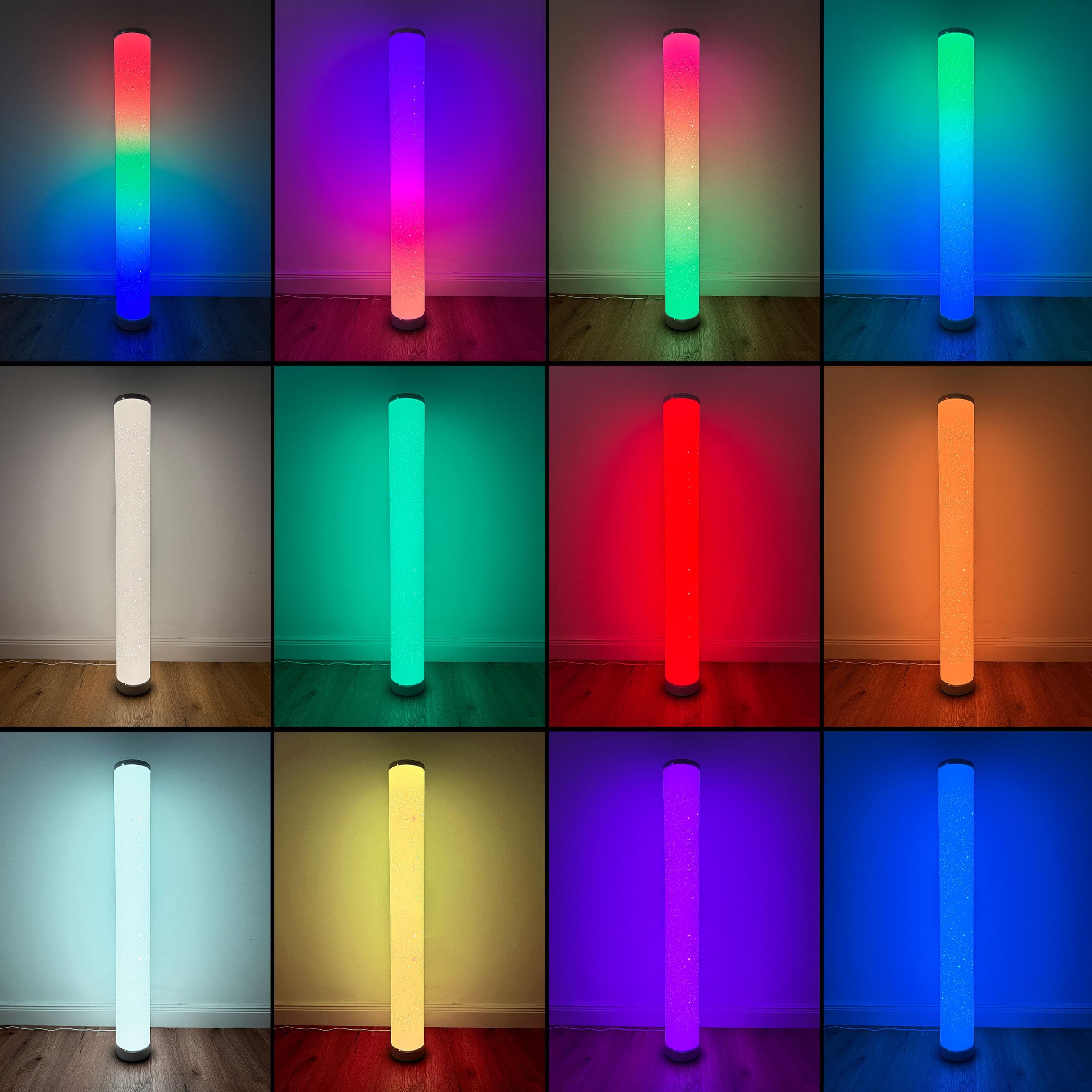 Moderne LED Stehleuchte RGB & Warmweiß – 103 cm Lichtsäule montiert geliefert (Kein DIY) – Musik-Sync, Lauflicht & Funkeleffekt – Dimmbar inkl. Fernbedienung, Mattweiß, 10W