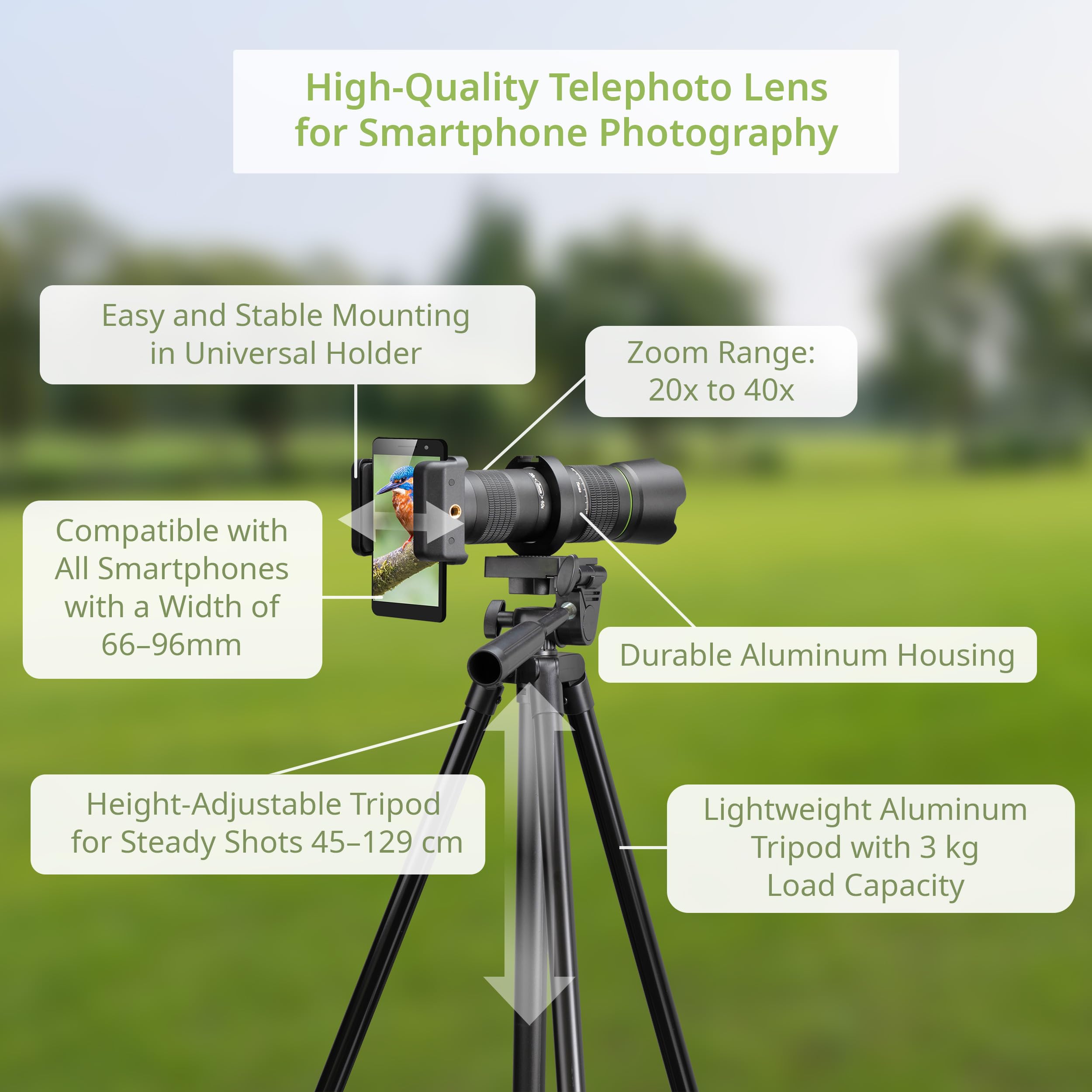 Bresser Teleobjektiv für Smartphone 20–40x Zoom, inkl. Stativ, Universalhalterung