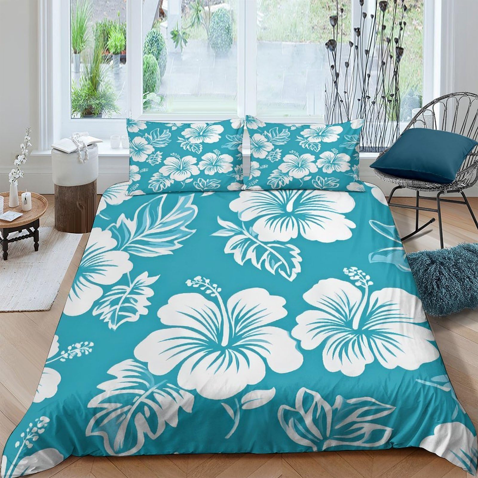 GPLZQXKJNH 3D Printed Tropical Hibiscus Duvet Cover Set Microfiber Soft Teal Floral Quilt Cover with 2 Pillowcases for Bedroom Decor Single（135x200cm）