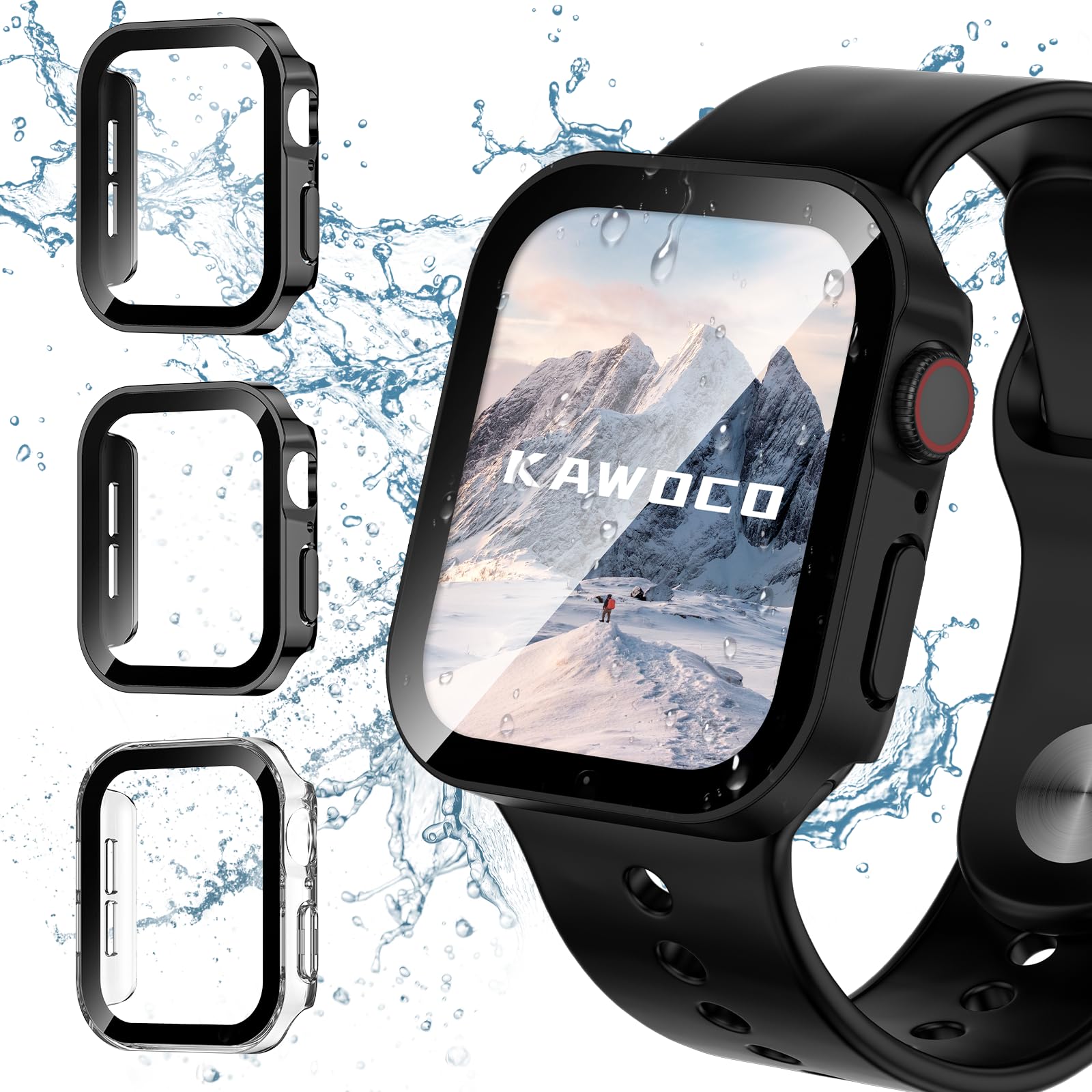 Kawoco 3 Pack Waterproof Case for Apple Watch Series 6 5 4 SE 44mm, Straight Edge Hard PC Cover with Tempered Glass Screen Protector, Protective