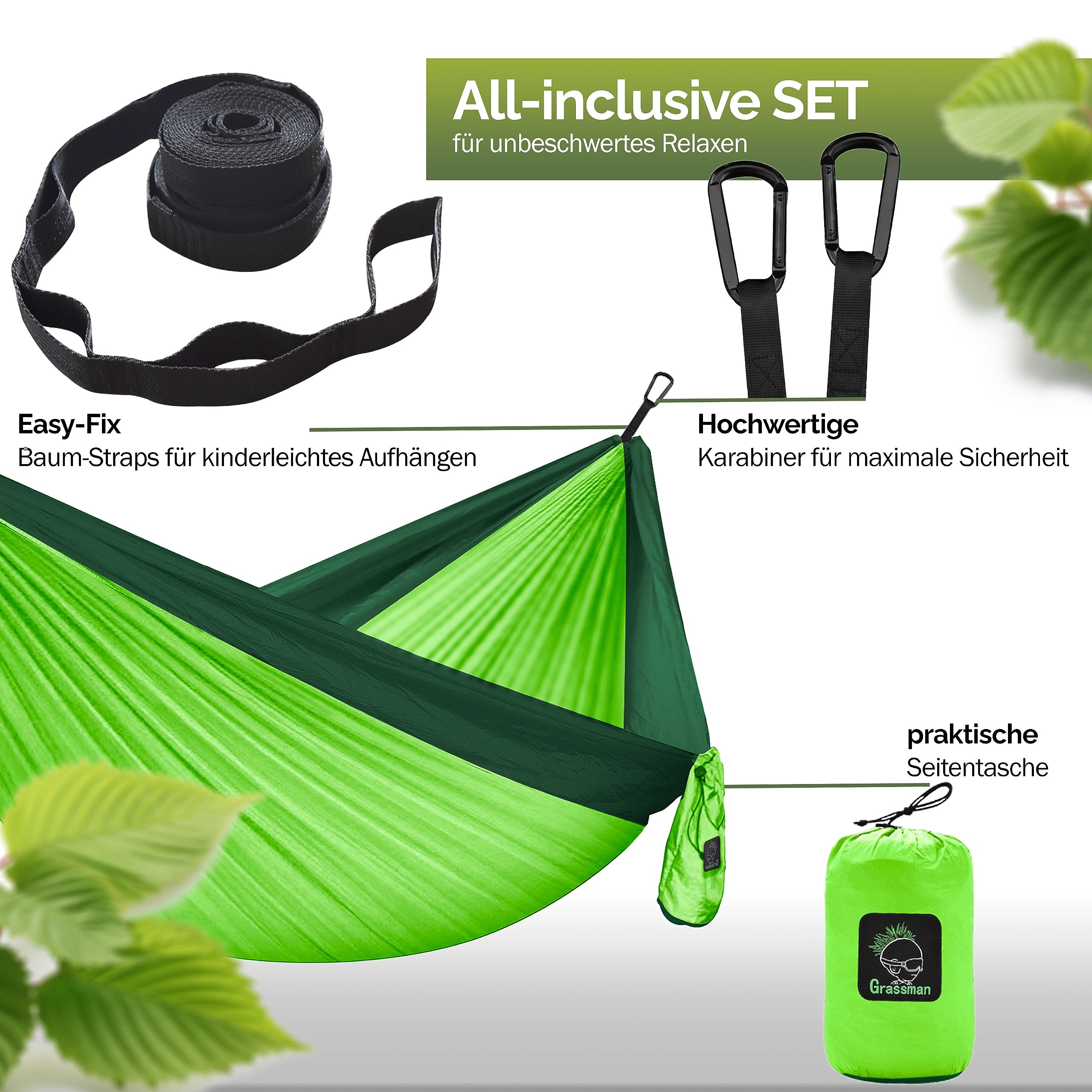 Hängematte Camping- Hängematte 2 Personen, Ultraleichte Outdoor Hängematte, Perfektes Camping Geschenke, Camping Hängematte Outdoor mit 2 Baumgurten + 2 Karabiner