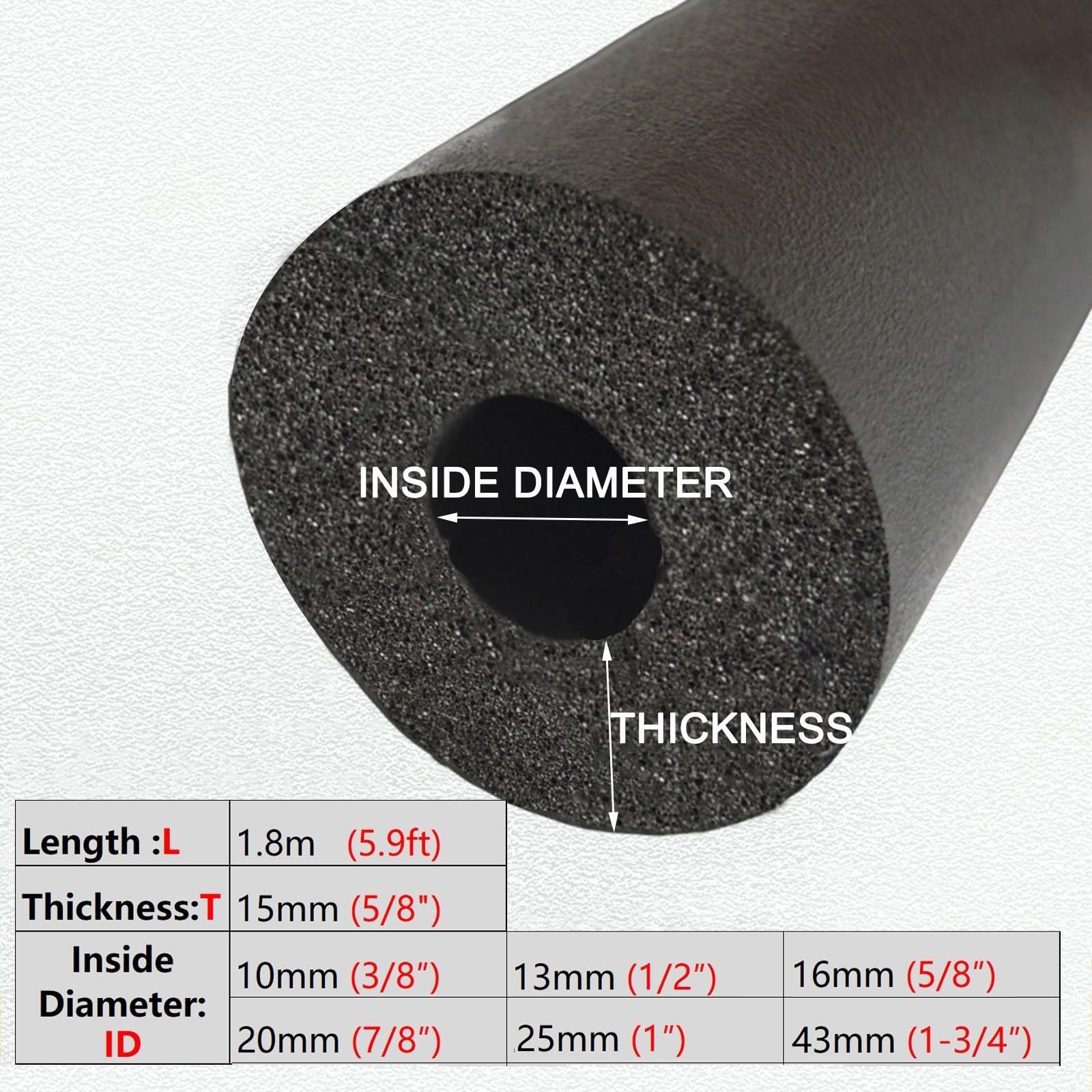tubo isolante in schiuma, Manicotto isolante for tubi in schiuma da 1, 8 m Nero(10mm(3/8in))