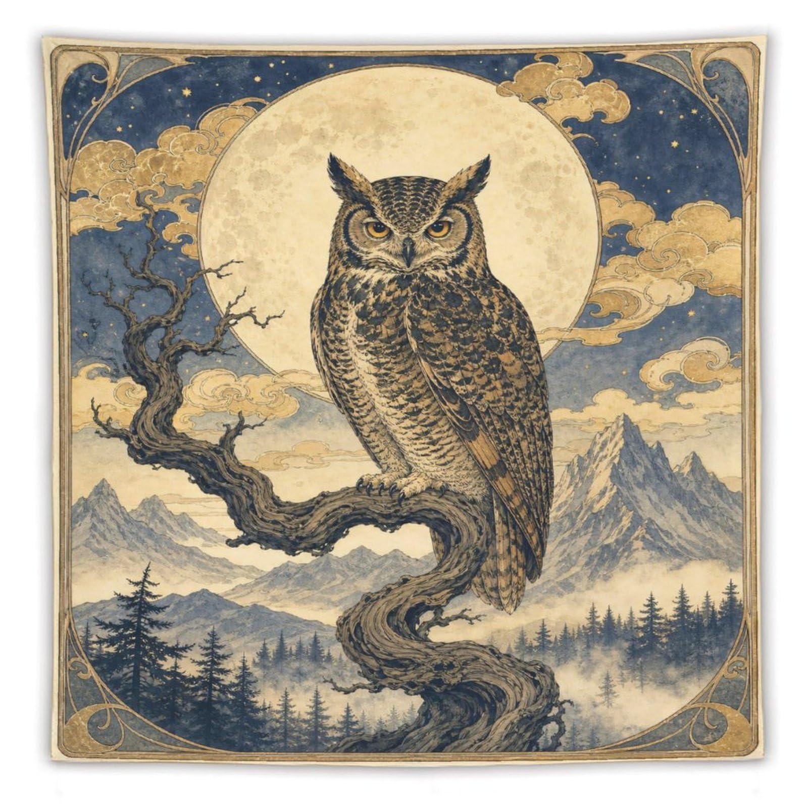 W7C8U2X3 Moon Owl in Forest Wall Tapestry, Vintage Poster Style, Bedroom
