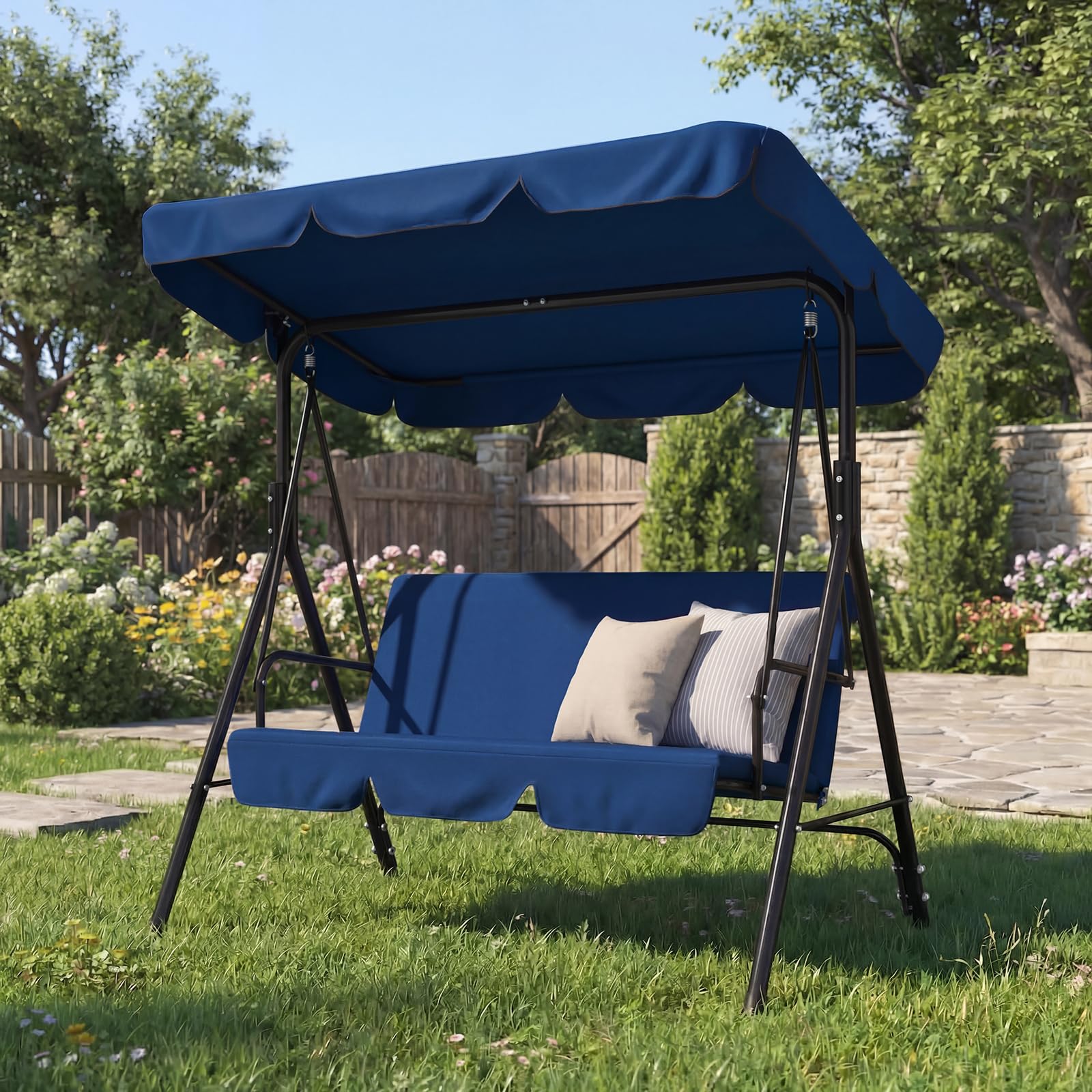 YODOLLA Balancelle de Jardin 3 Places, Auvent Réglable & Coussin Amovible, Charge 204kg, Balancoire Extérieure pour Terrasse, Piscine, Porche, 172 × 112 × 151 cm (Bleu)