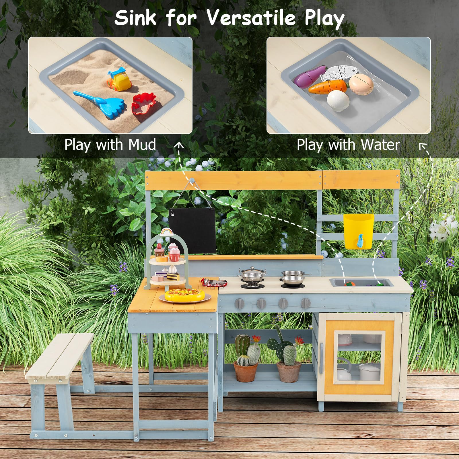 FANTASK Matschküche Kinder aus Holz, Outdoor Spielküche mit Picknicktisch & Bank, Kinderküche mit Wasserhahn, Spüle, Tafel & Zubehör, für Kinder ab 3 Jahren