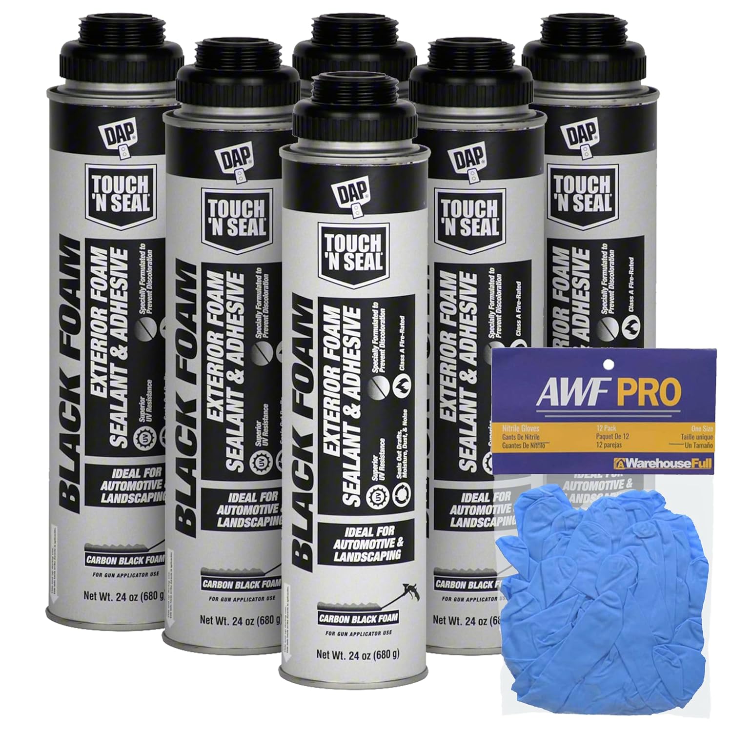 DAP Touch N Seal Black Spray Foam Sealant for RV, Pond, Waterfall & Landscape - UV Resistant, Class A Fire Rated, Waterproof, Polyurethane Adhesive with AWF PRO Gloves (Pack of 6)