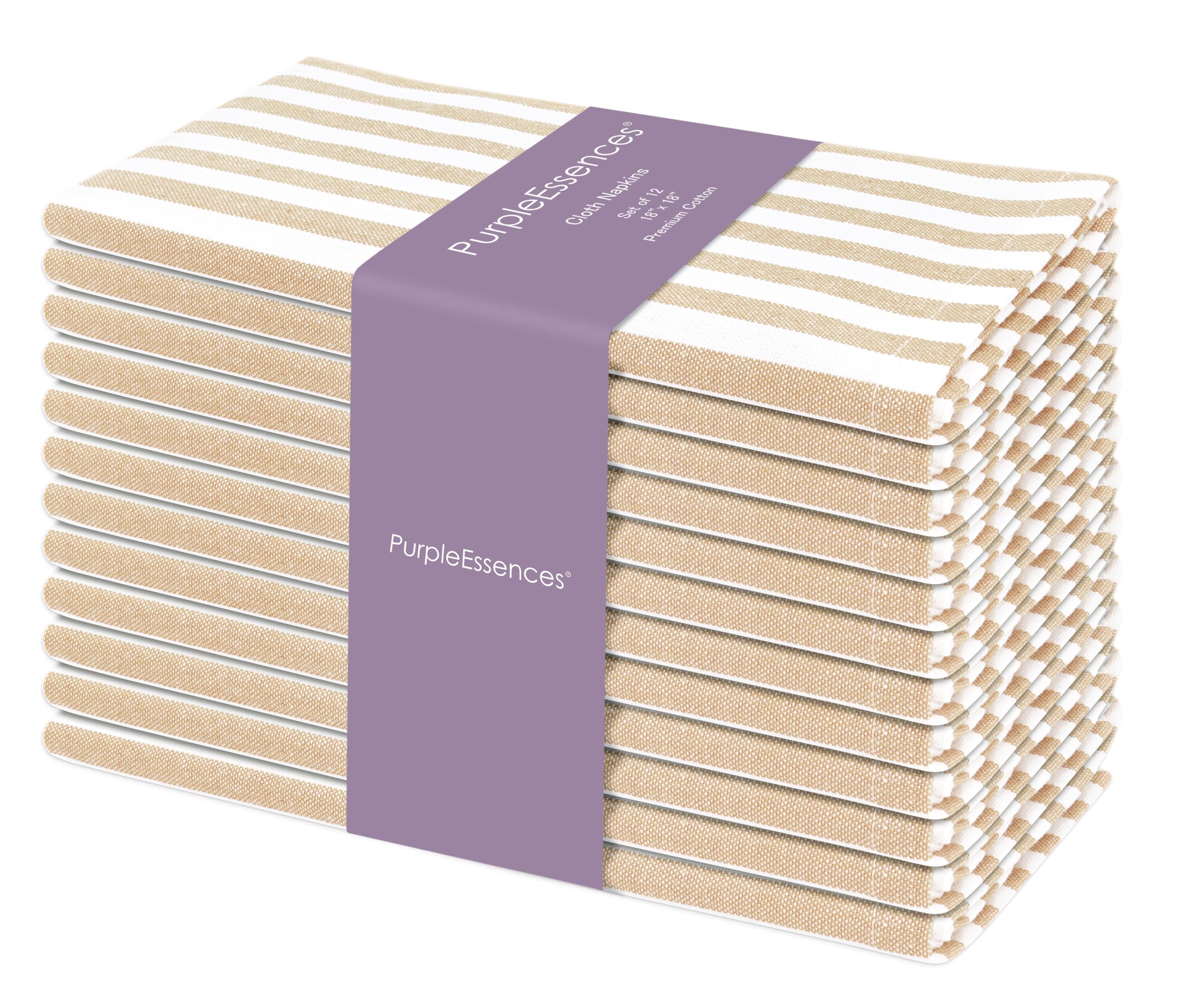 PurpleEssences Servilletas de tela a rayas lisas, juego de 12 unidades, 100 % algodón, 45,7 x 45,7 cm, primavera, verano, Pascua, servilletas perfectas para uso diario, color beige y blanco