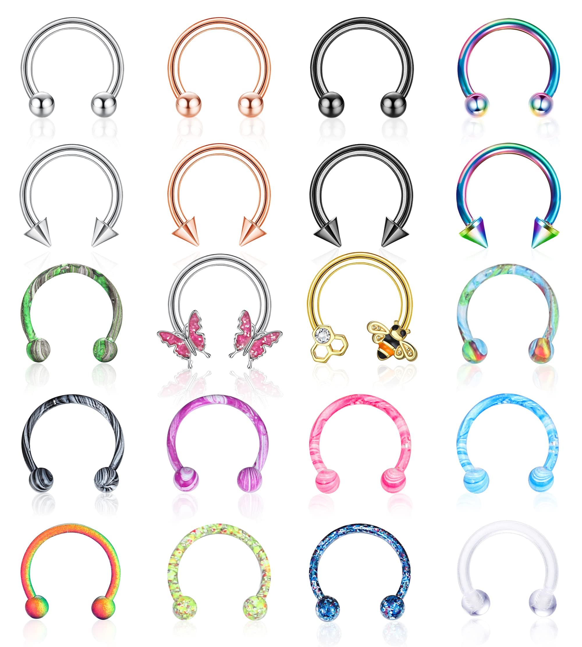 YADOCA 20 Piezas 16G Acero Quirúrgico Herradura Nariz Septum Anillos Piercing Joyería Cartílago Helix Tragus Pendiente Aro Ceja Labio Piercing Anillo para Mujeres Hombres 8mm 10mm