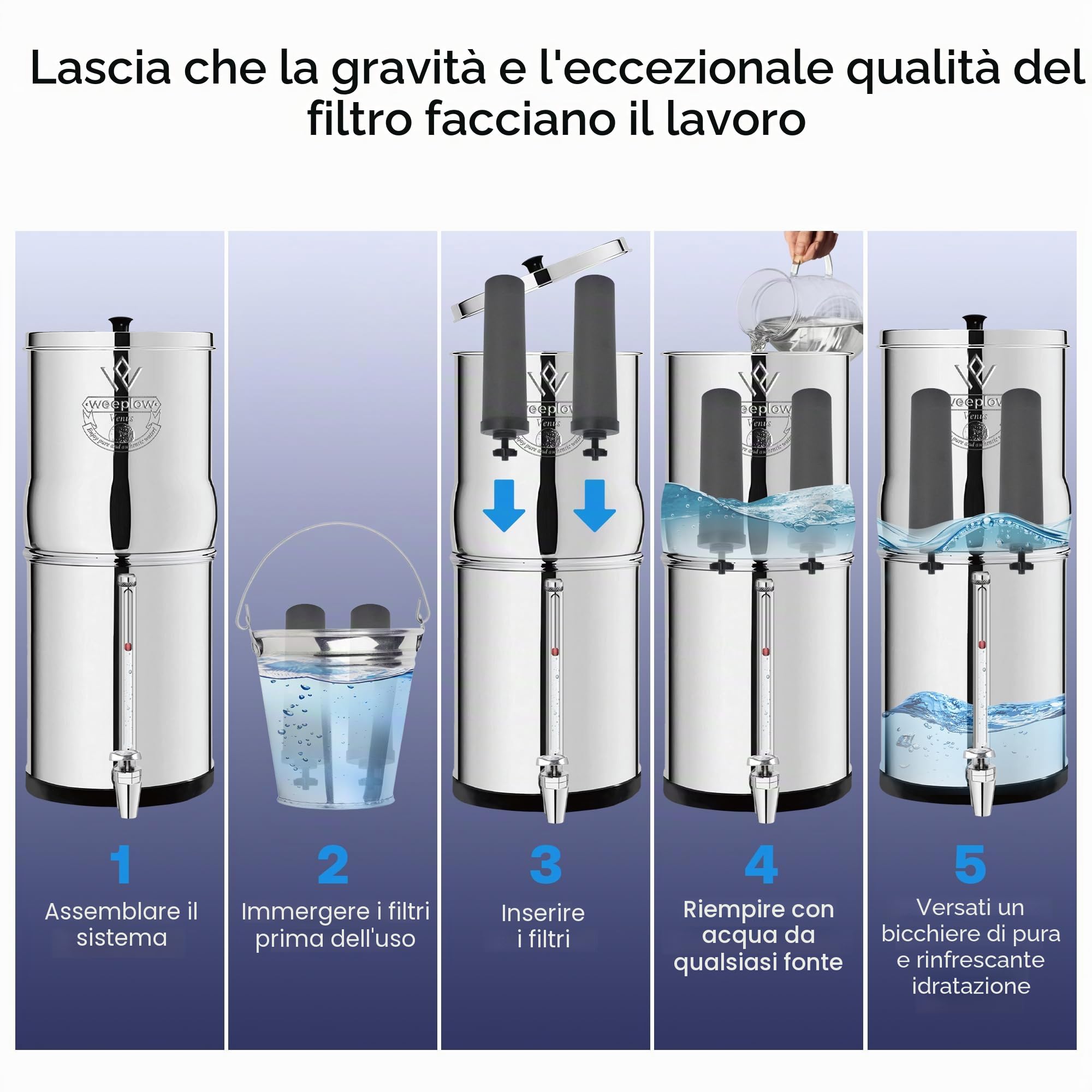 Weeplow® Venus ECO - Sistema di filtraggio dell'acqua per gravità 5,6 litri AISI 304 con 2 elementi di purificazione O'Pure 2 e rubinetto 100% inox (acciaio inox, 5,6L ECO)