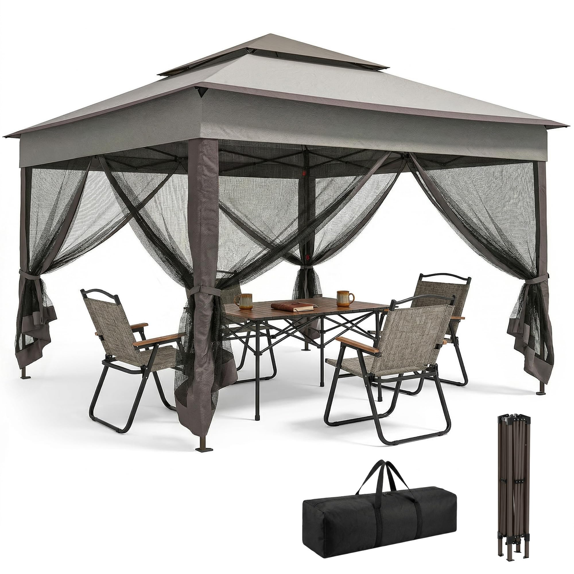 Outsunny 3 x 3(m) Pop Up Gazebo, Double-roof Garden Tent with Netting and Carry Bag, Party Event Shelter for Outdoor Patio, Dark Grey
