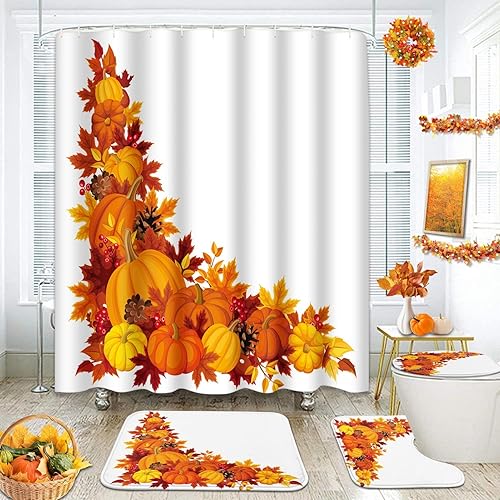 ArtSocket Juego de baño de pavo con cortina de ducha y alfombras y accesorios, juego de cortina de ducha de otoño para Acción de Gracias, color