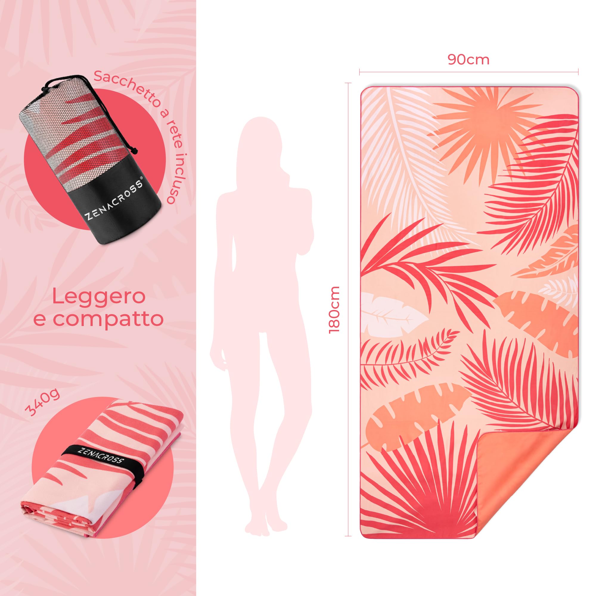 Zenacross - Telo Mare Microfibra - Asciugatura Rapida e Anti-Sabbia - Légère, fine et séchant rapidement - Asciugamano Grande Telo Mare XXL 90x180 cm - Rosa Tropicale
