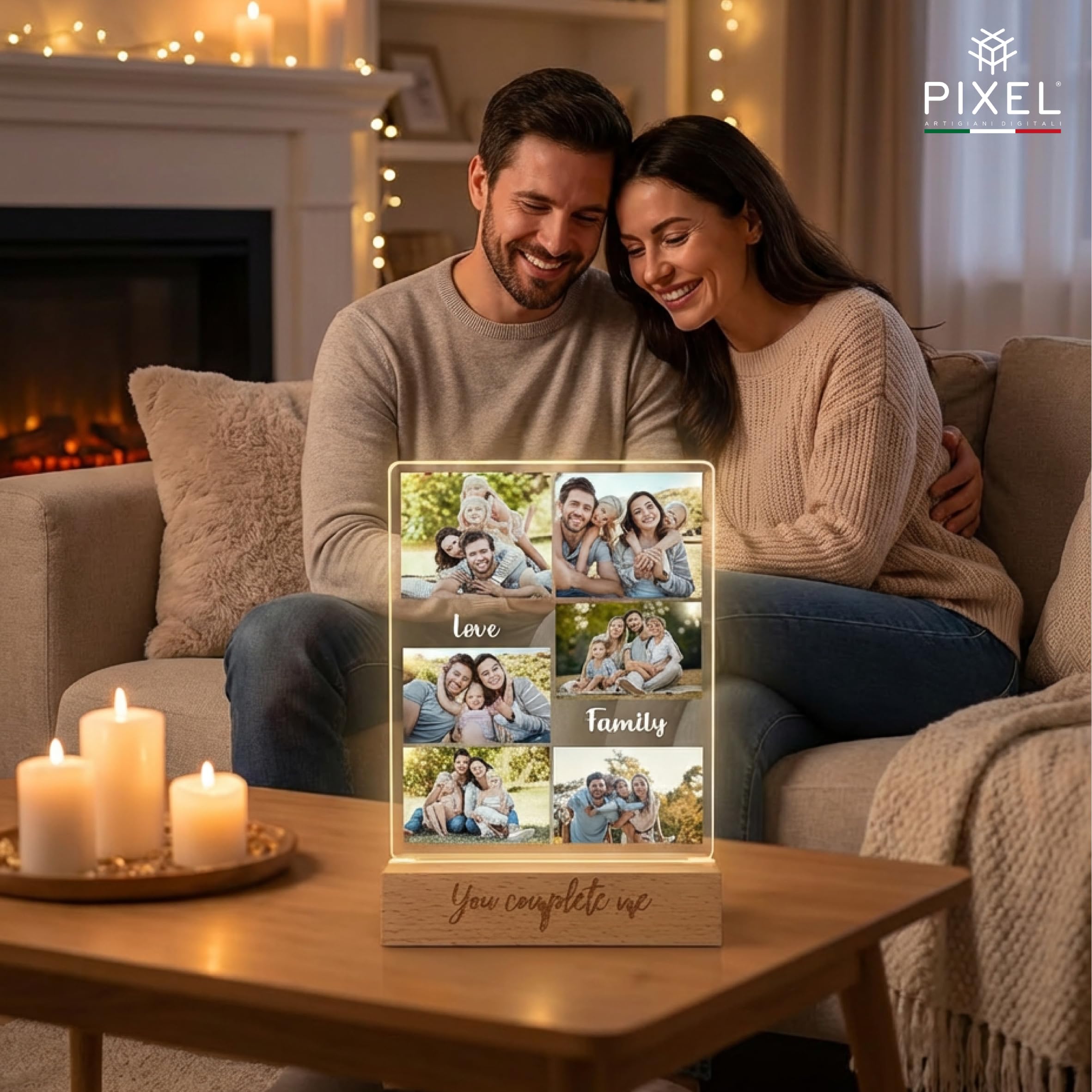Pixel Artigiani Digitali Lampada Personalizzata con 6 Foto – Regalo Originale per Mamma, Coppia, Famiglia, Anniversario, Compleanno – LED Regolabile – Idea regalo Natale - Made in Italy