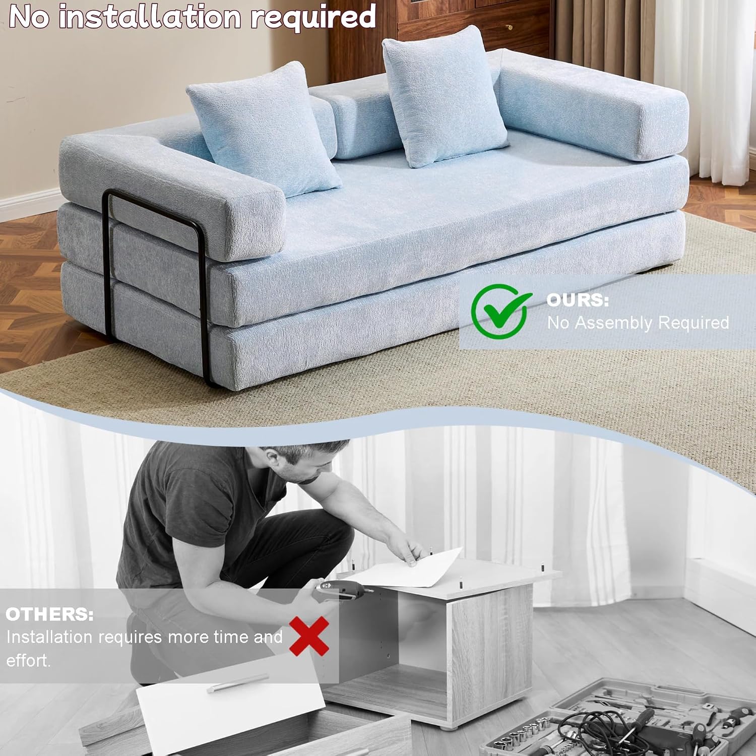 Image showing the Trygoal Convertible Floor Sofa Bed in a living room with a checkmark indicating 'No Assembly Required'.