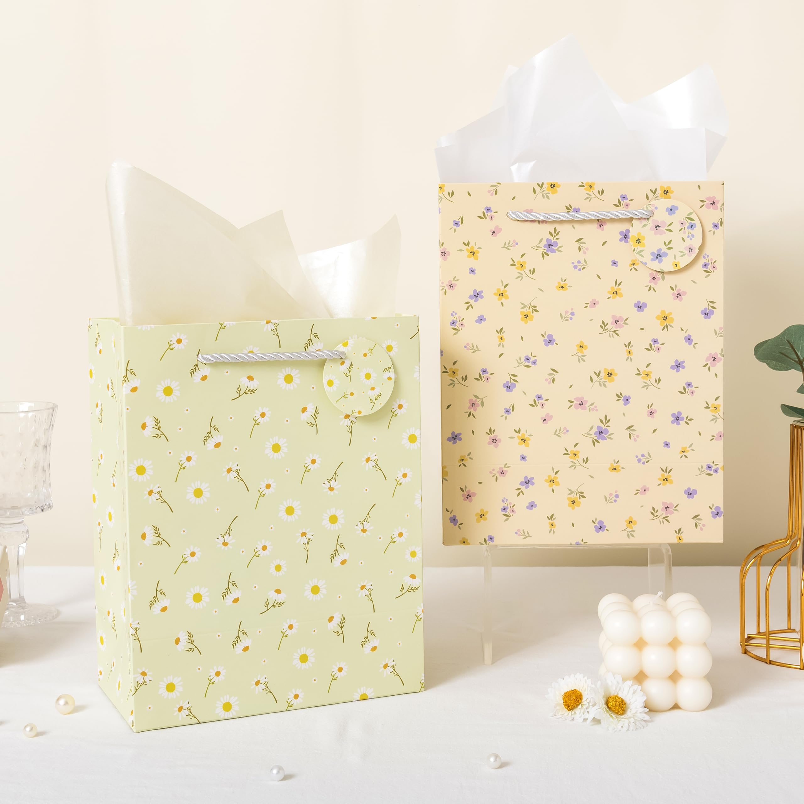Crisky Bags for Small Business, 4 Pack Medium Gift Bags with Handles, Wildflower Floral Wedding Gift Bag Medium Size Goodie Bags with Tissue Paper for Bridal Shower, Engagement, Birthday, Graduation