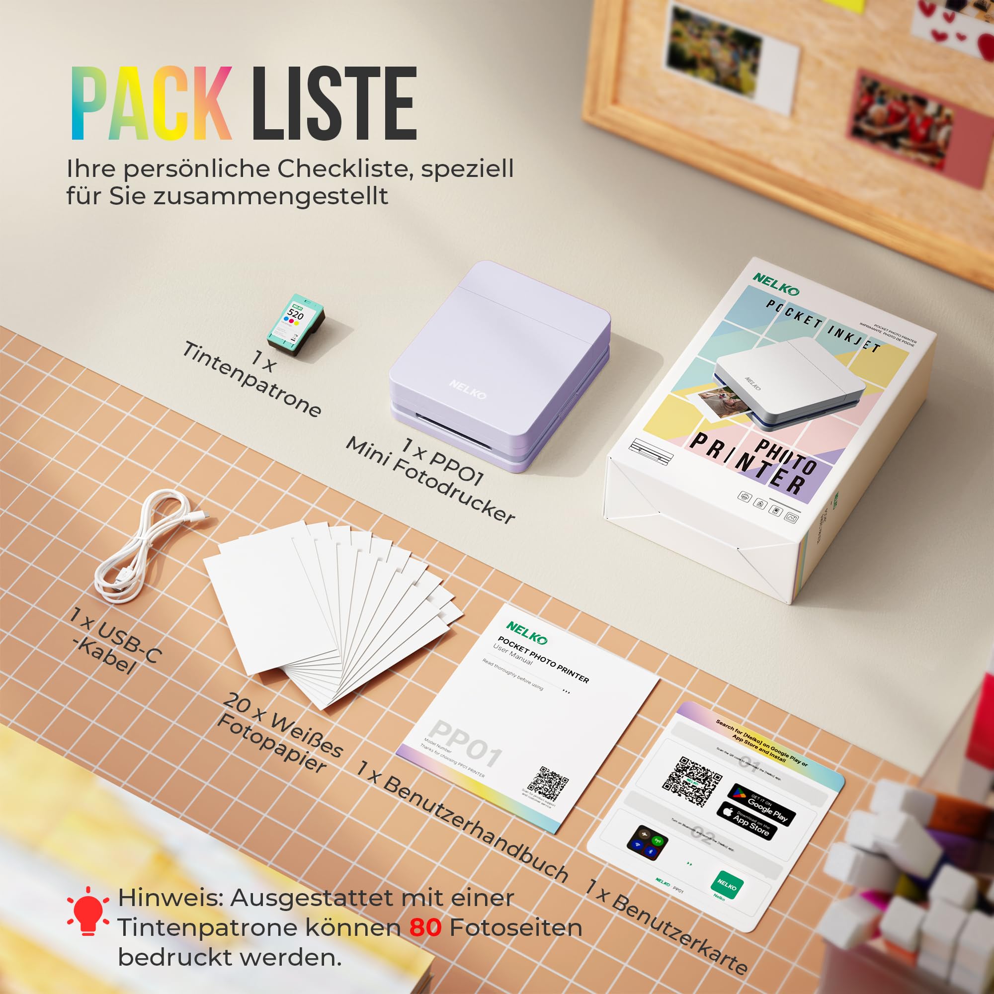 Nelko PP01 Mini Fotodrucker Tintenstrahl Aufkleber Drucker für Smartphone mit 20 Fotopapier, Lila