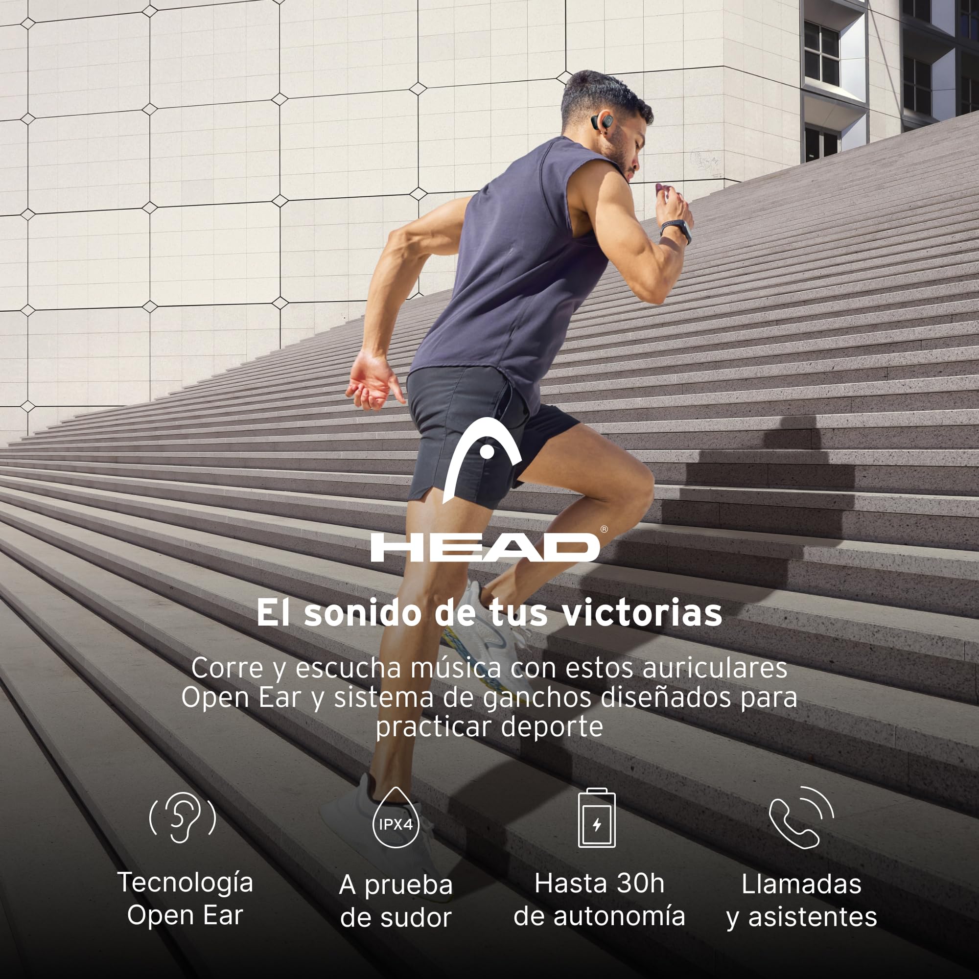HEAD Auriculares Inalámbricos Deportivos con 6h de Reproducción - Diseño Open Ear para Running - Cascos Resistentes al Sudor para Correr
