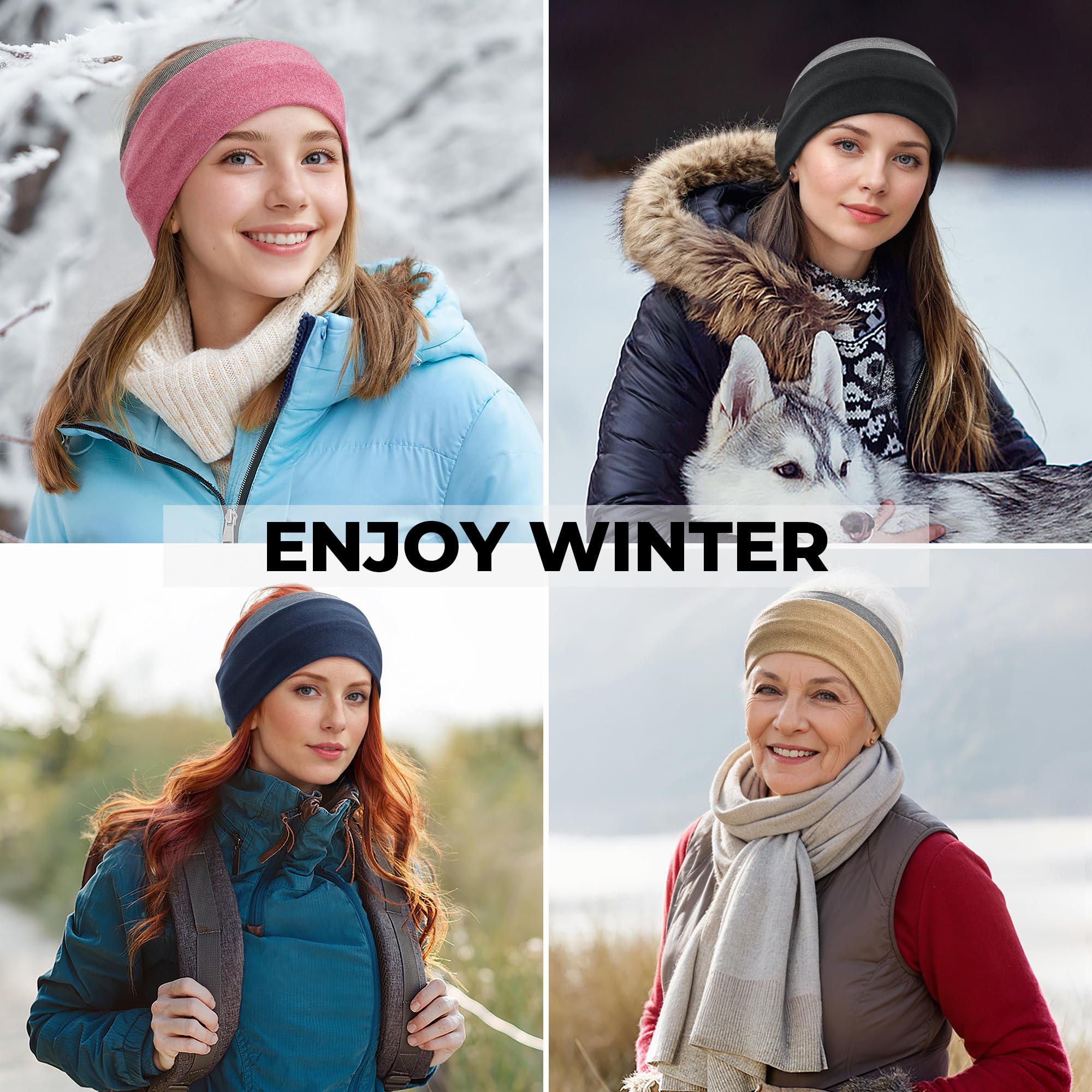 2-Pack Women's Ear Warmer Headbands - Soft Winter Headband With Ponytail Hole, Black & Blue