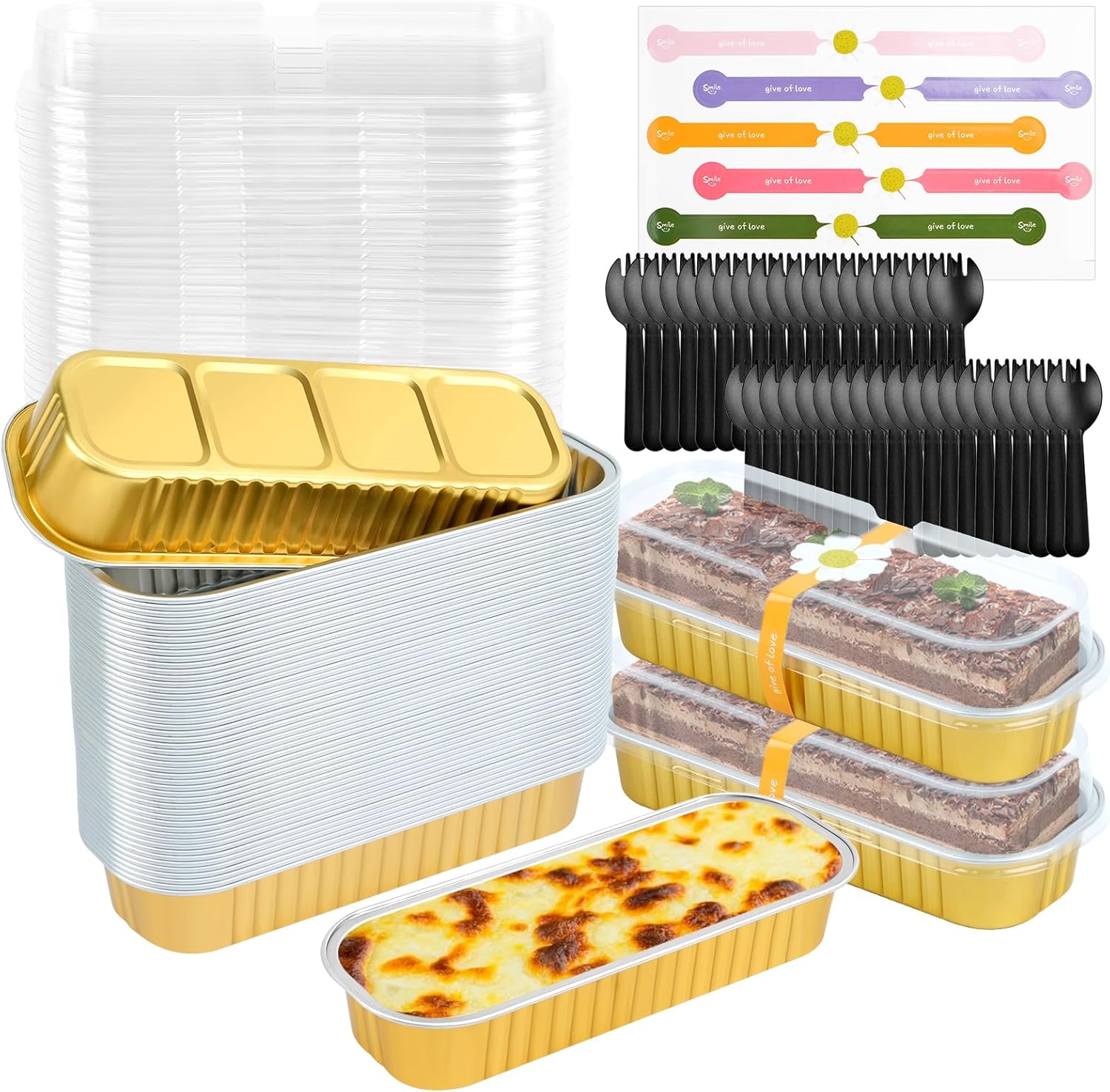 200PCS/50 Set Mini Loaf Tins with Lids and Spoons, Aluminum Foil Mini