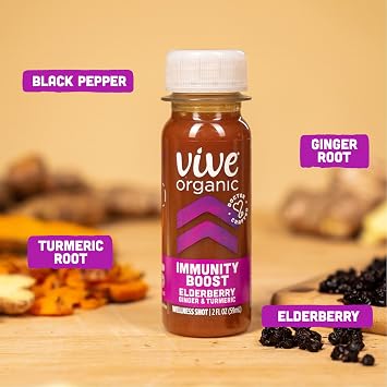 Vive Organic Immunity Boost Elderberry, Ginger and Turmeric Wellness Shot, 2 fl oz Bottles, 12-Pack