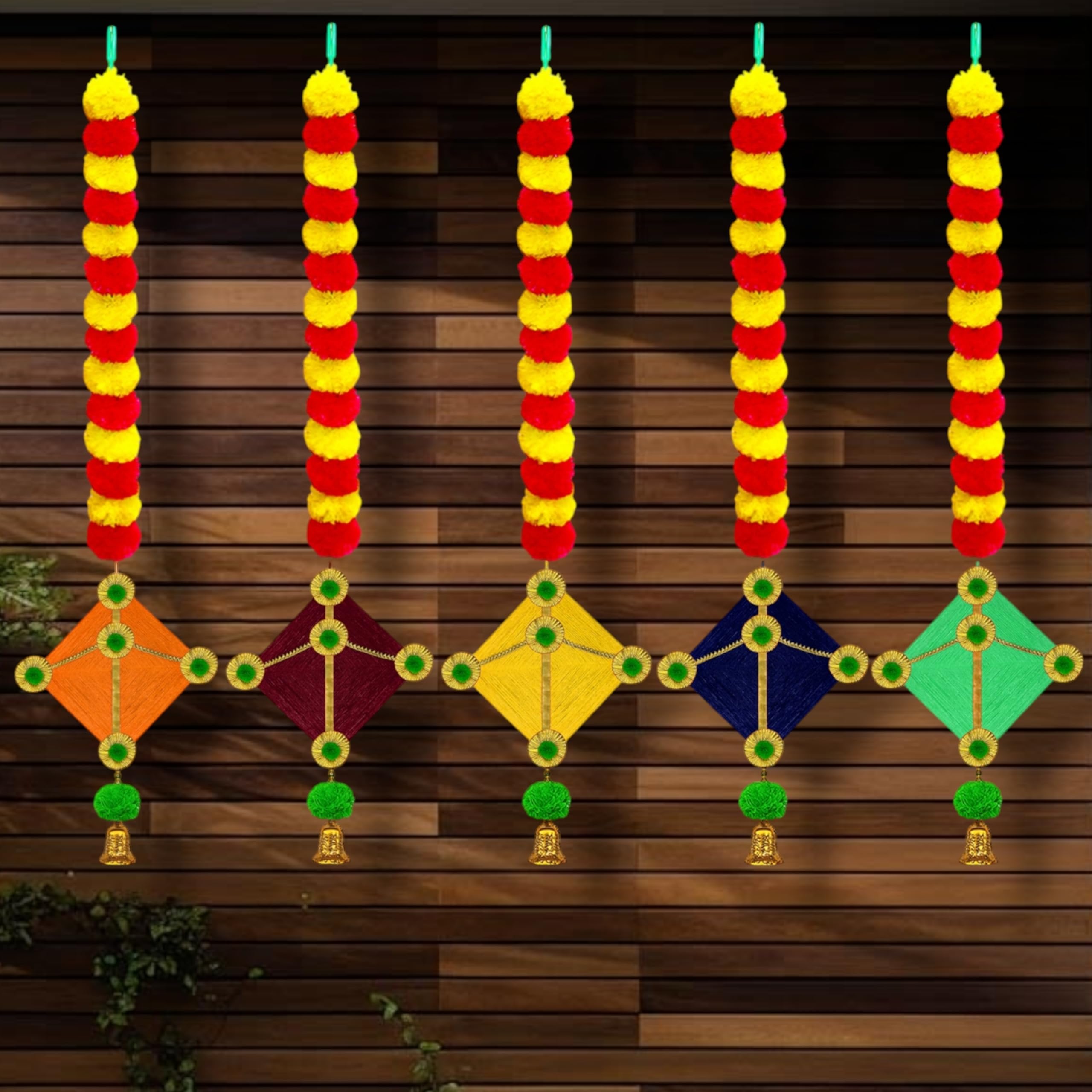 - iHandikart Handmade Pack of 5 Multicolour Woolen Kite Hanging with Red & Yellow Marigold Garland for Makar Sankranti and Lohri Traditional Indian Door & Wall Home Decor Size 45 x 2.5 Inch (31506-5)