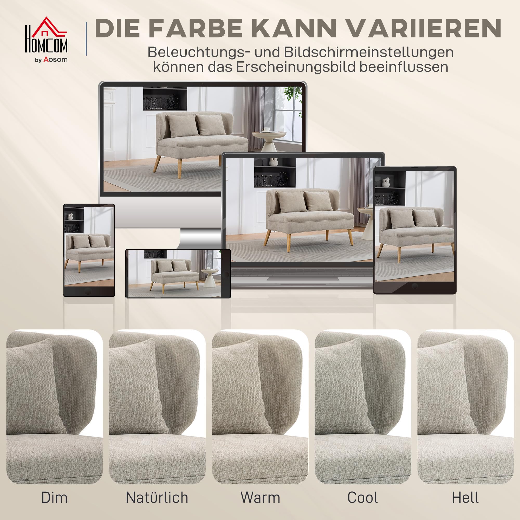 HOMCOM Sofa 2 Sitzer Kleine Couch mit Flügelrücken Doppelsofa 117 cm Beige | 2 Wurfkissen, Dick Gepolstert, Modern Polstersofa, Chenille-Optik, Holzbeine, für Kleine Räume, Wohnzimmer, Schlafzimmer