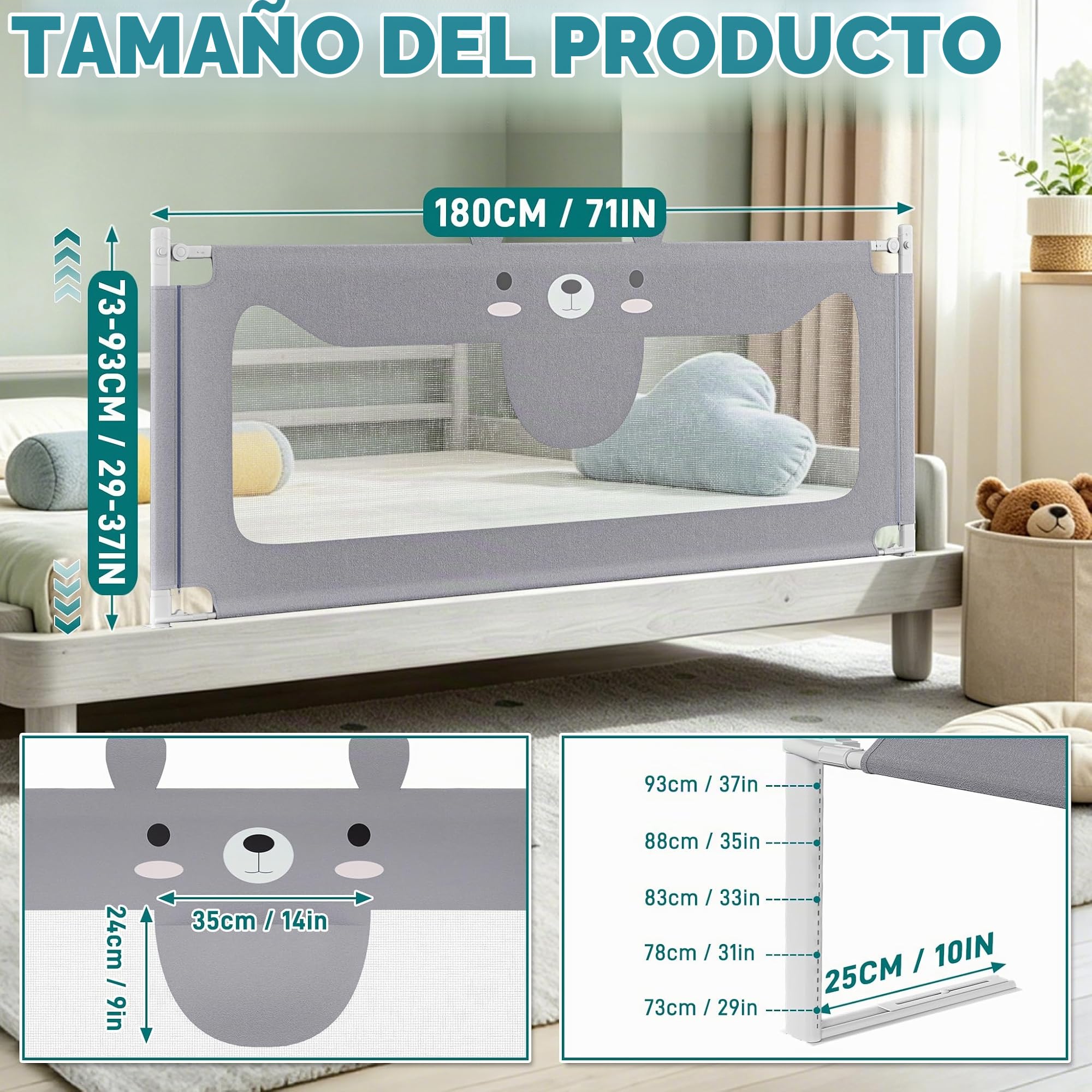 NAIZY Barrera de protección para cama de bebé, contra caídas, 180 cm, ajustable en altura, para todo tipo de colchones, para camas de niños, camas de padres, camas de madera maciza, gris