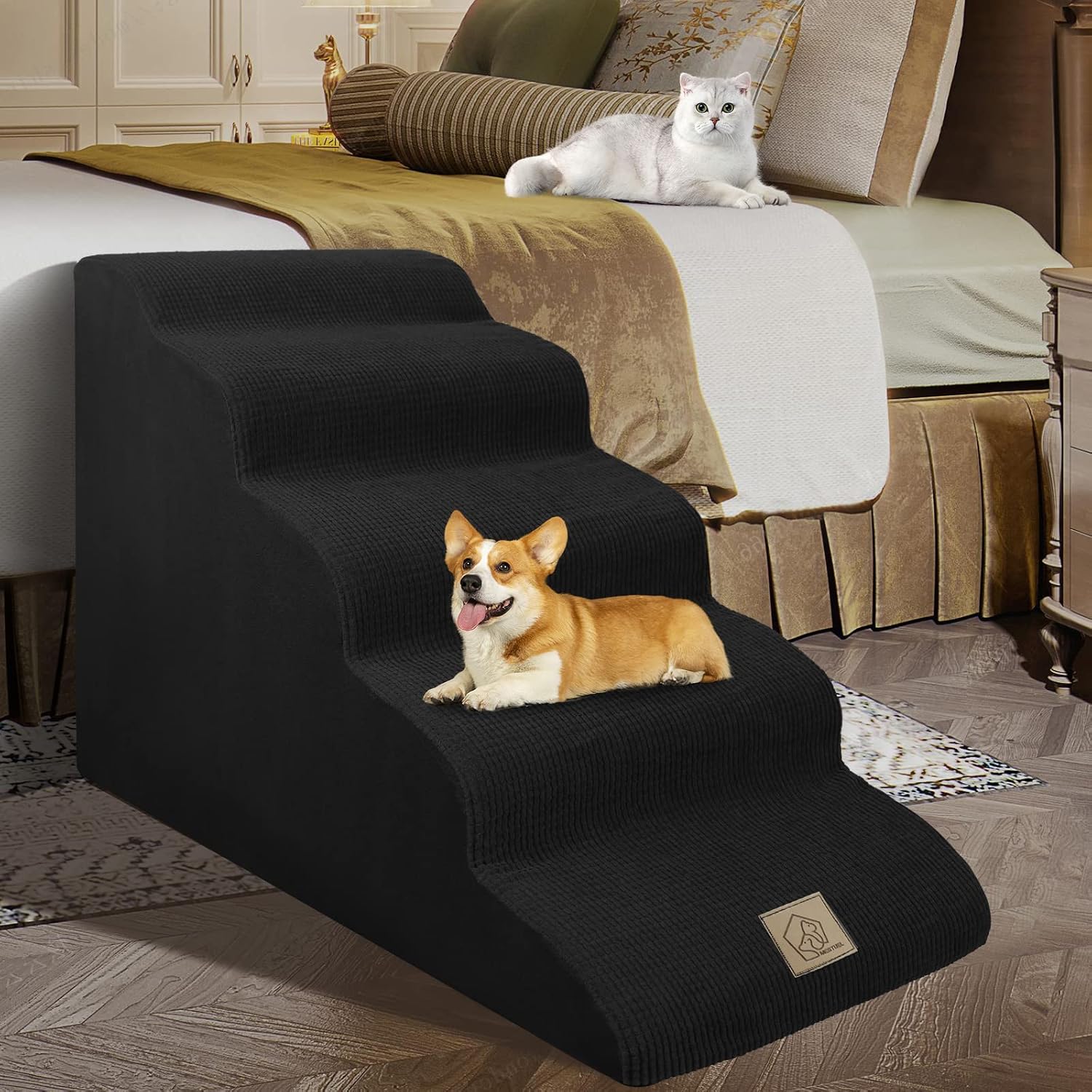 5 Tiers Pet Stairs for Small Dogs and Cats,Extra High 30D Foam Pet Stairs to Reach Couch Bed,Non-Slip Bottom Pet Ramp for…