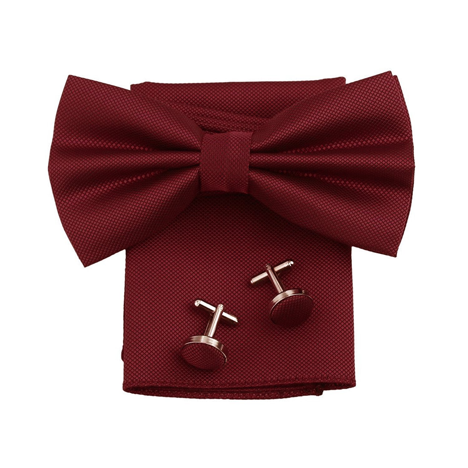 REDEEMMen's Microfiber Butterfly Shape Bow Tie with Pocket Square & Cufflinks Set (Wine)