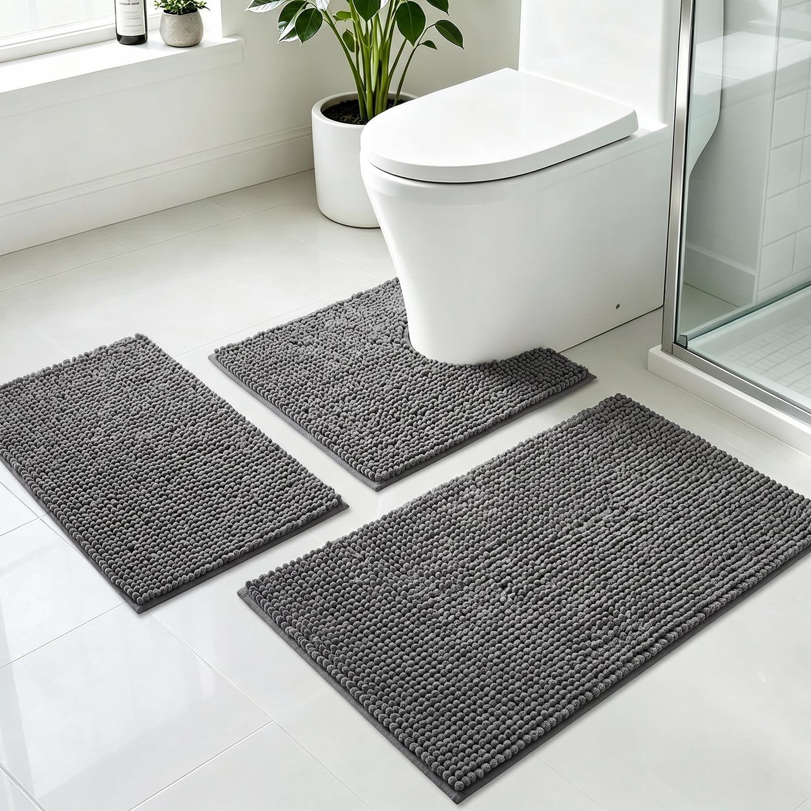 Sneulletoys 3-Piece Microfibre Chenille Bath Mat Set (Dark Grey, Low Pile)