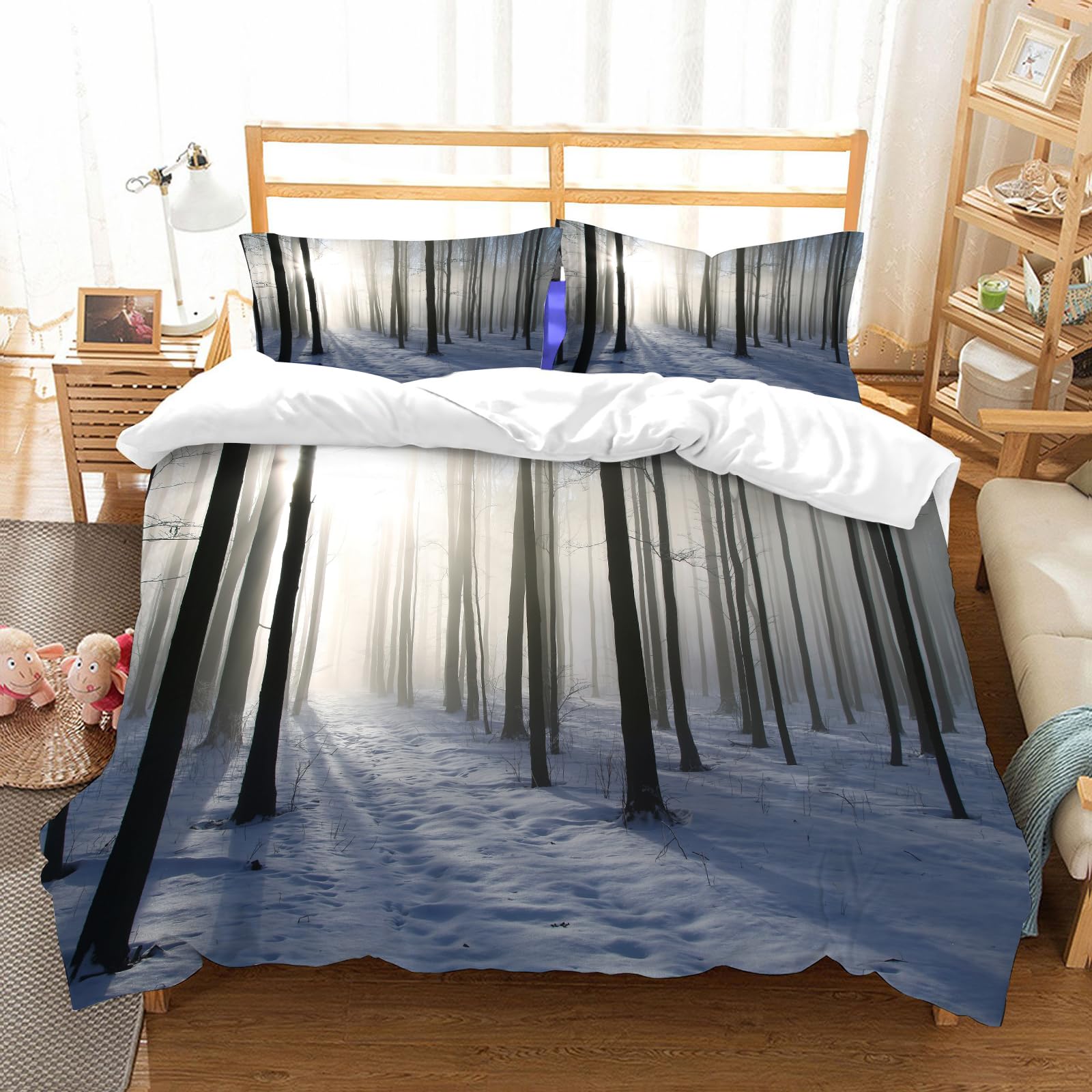 Parure de couette en microfibres douce et thermorégulatrice pour lit double motif forêt enneigée